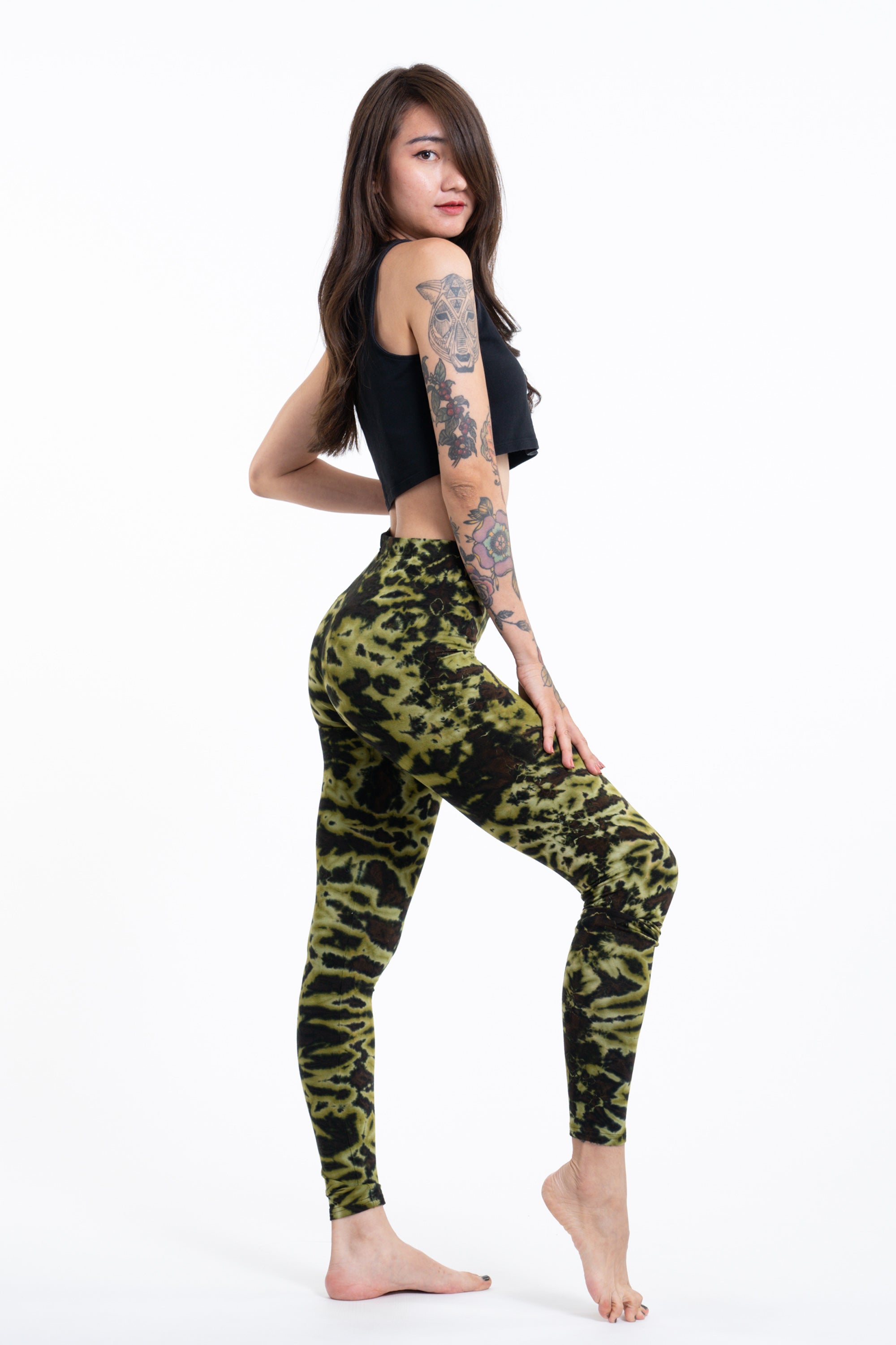 Marble Tie Dye Cotton Leggings in Olive
