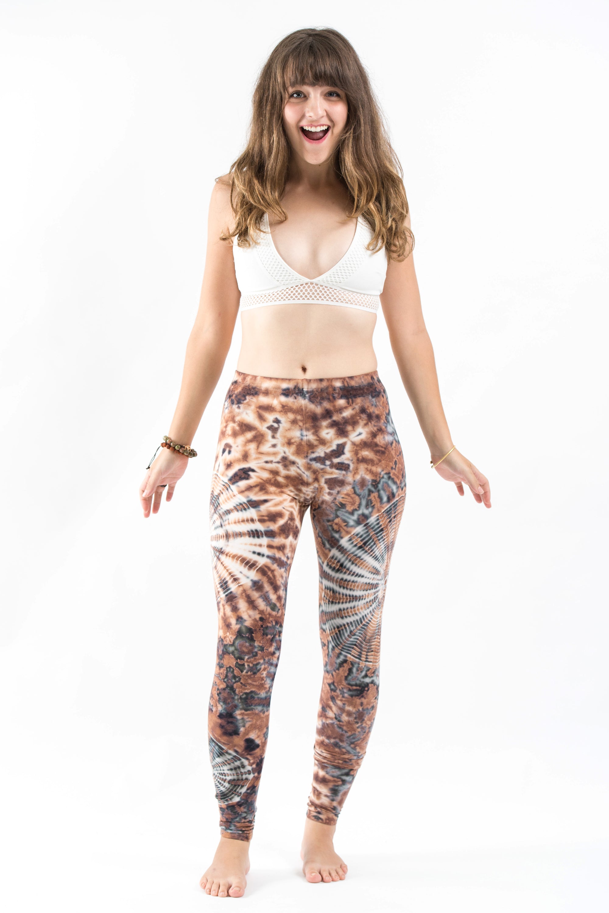 Swirls Tie Dye Cotton Leggings in Light Brown