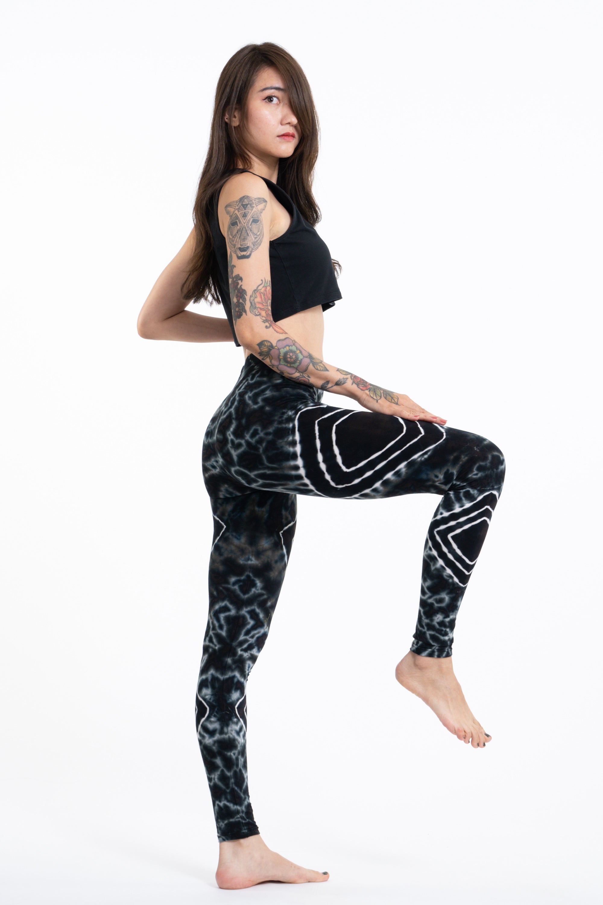 Diamond Tie Dye Cotton Leggings in Black