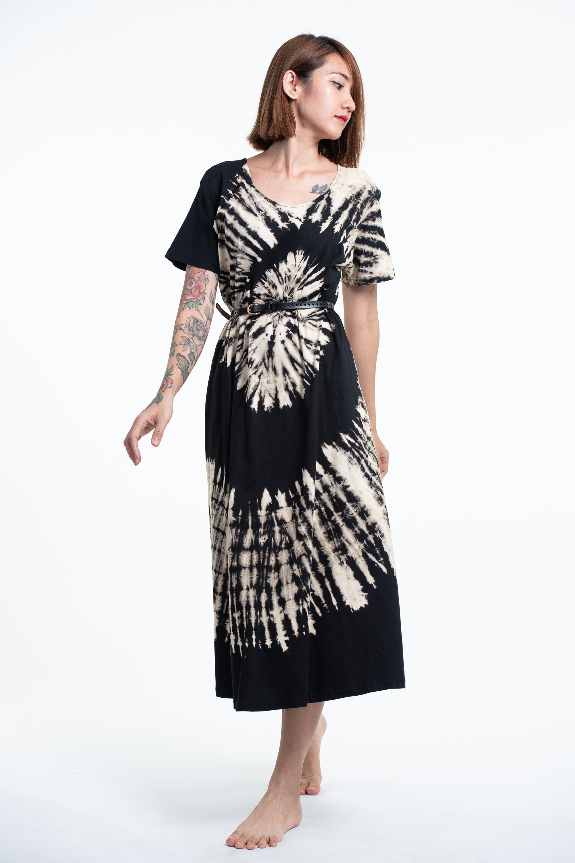 Tie Dye Loose Midi Dress in Black