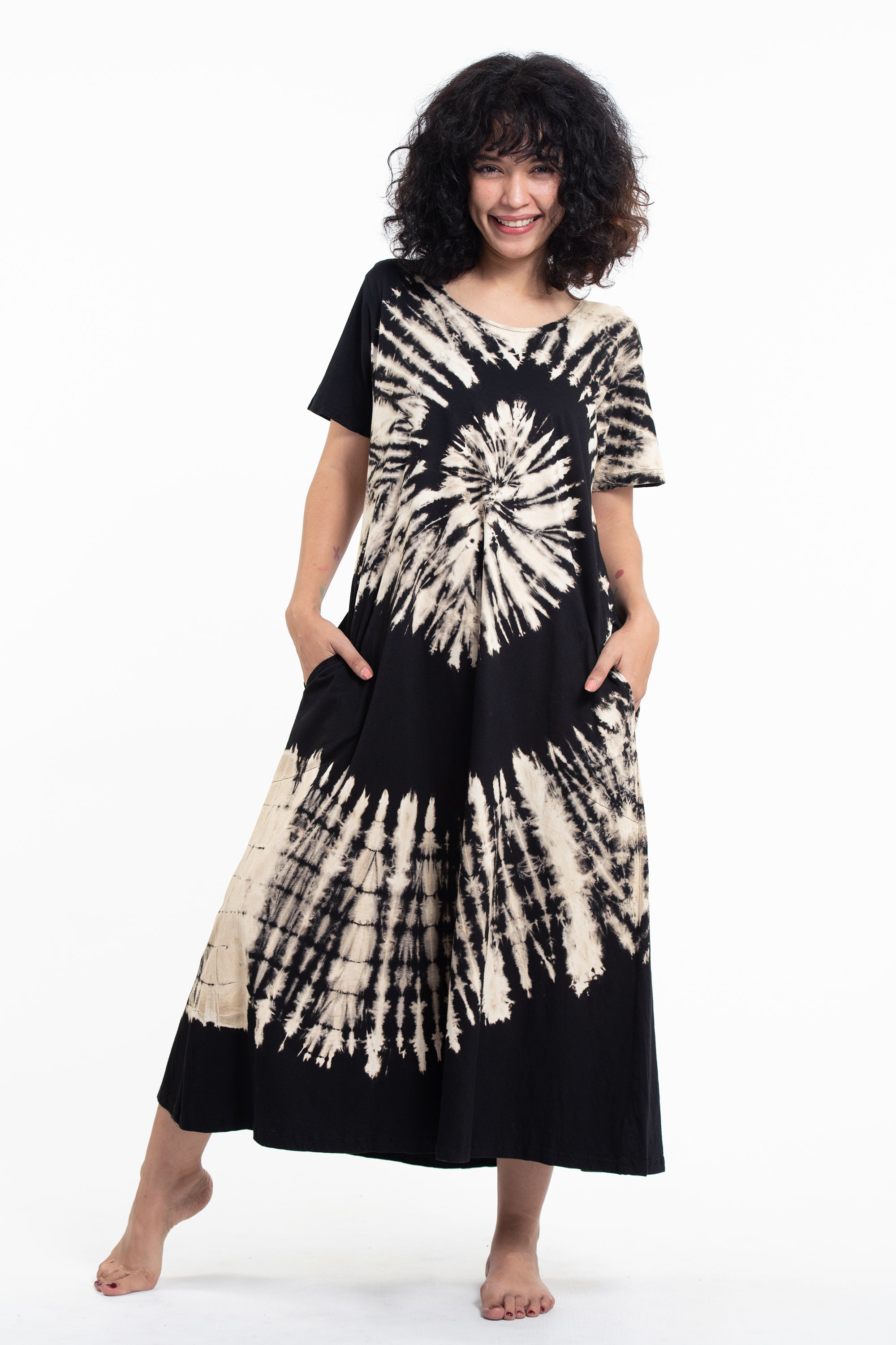 Tie Dye Loose Midi Dress in Black