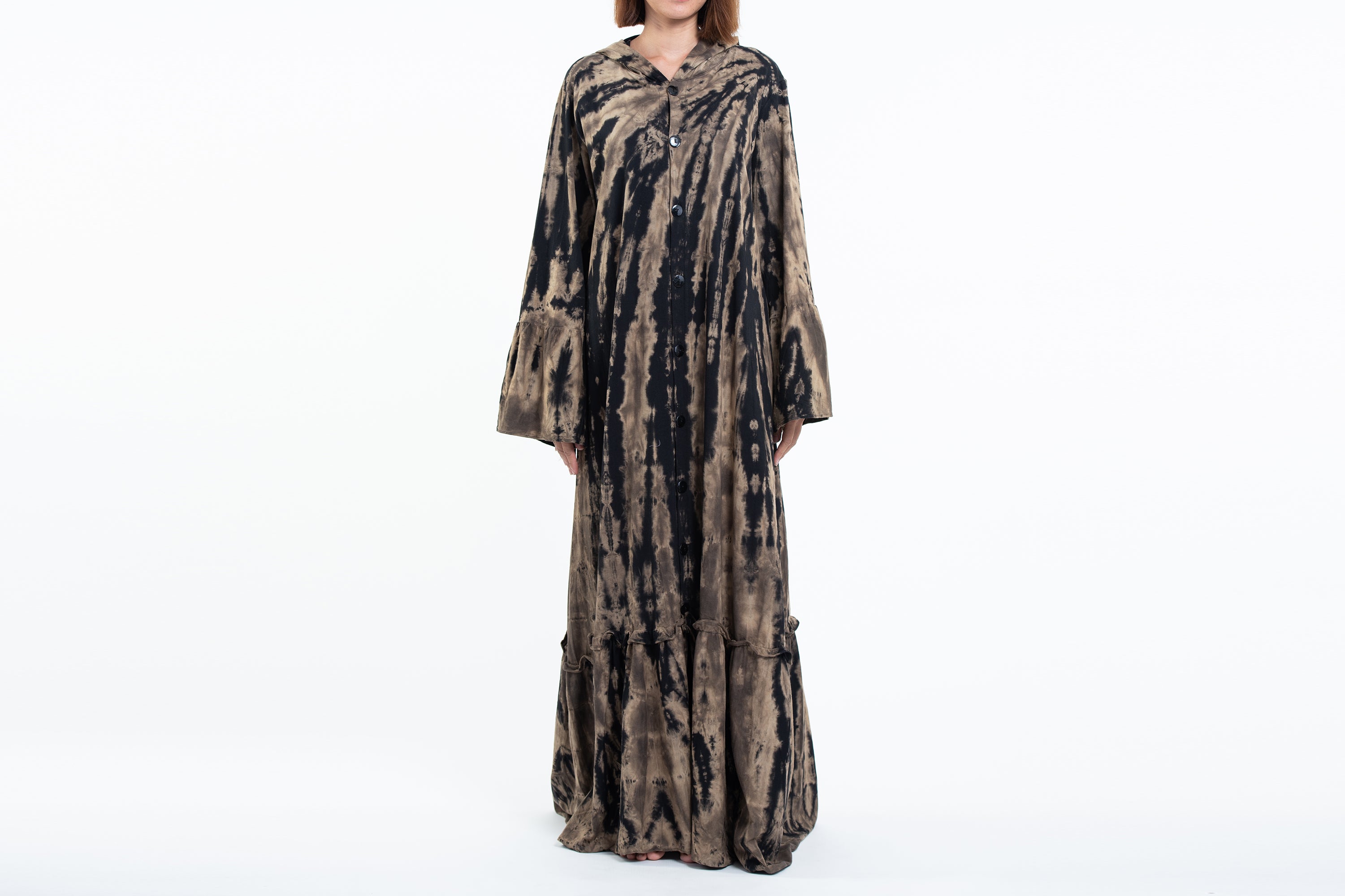 Tie Dye Hoodie Long Sleeve Maxi Dress in Black Tan