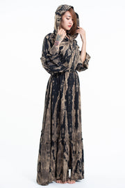 Tie Dye Hoodie Long Sleeve Maxi Dress in Black Tan