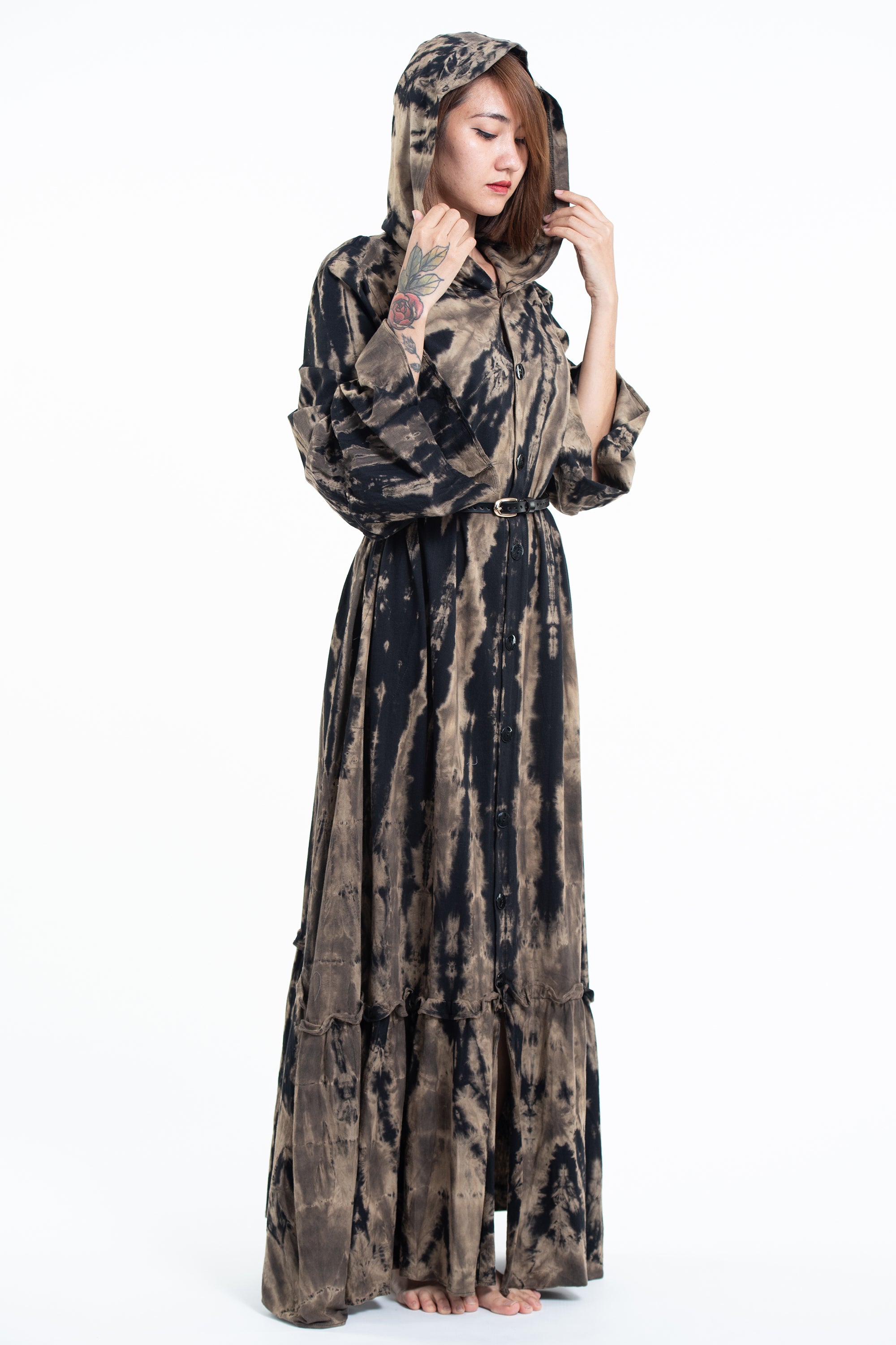 Tie Dye Hoodie Long Sleeve Maxi Dress in Black Tan