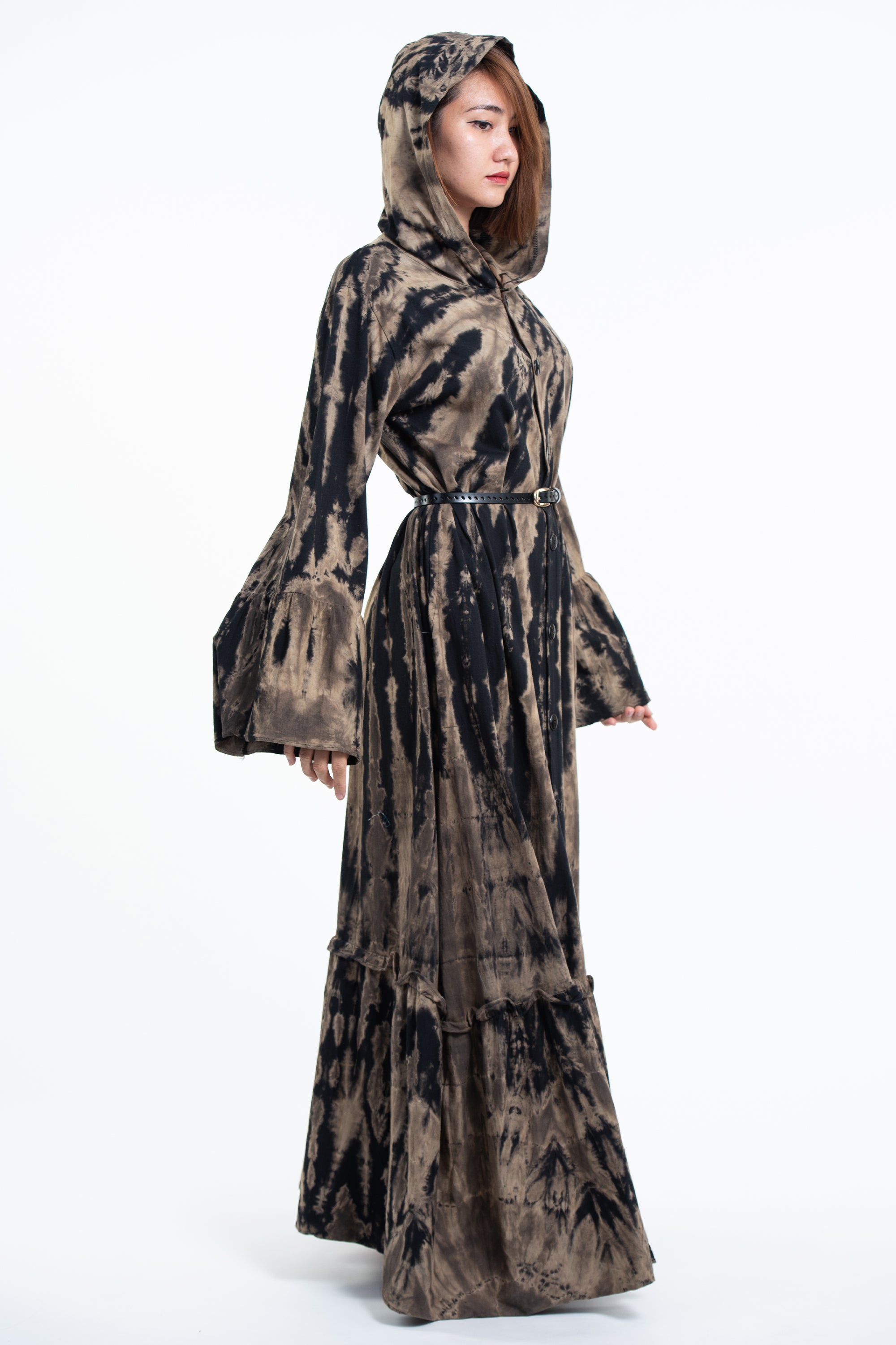 Tie Dye Hoodie Long Sleeve Maxi Dress in Black Tan