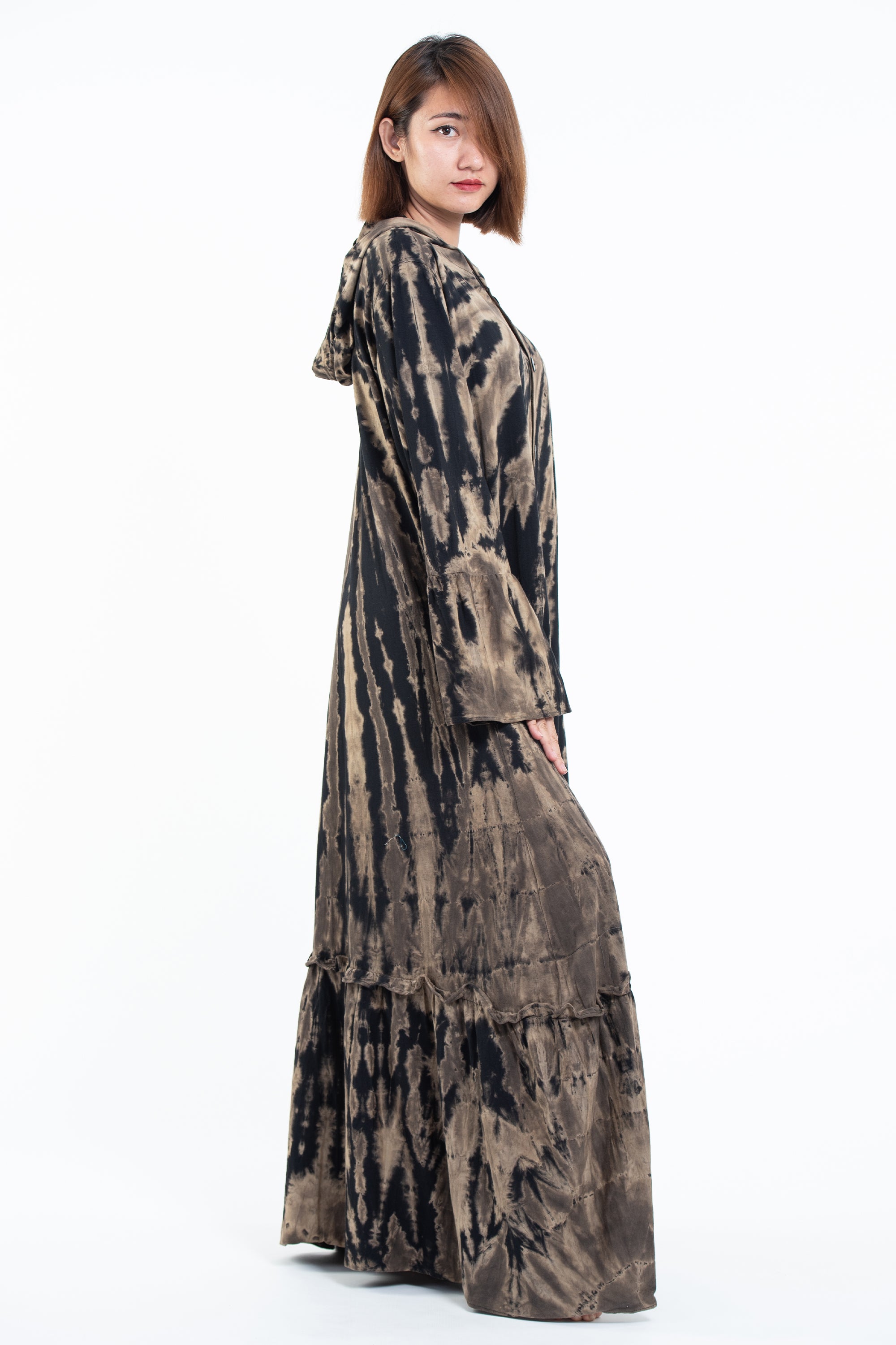 Tie Dye Hoodie Long Sleeve Maxi Dress in Black Tan
