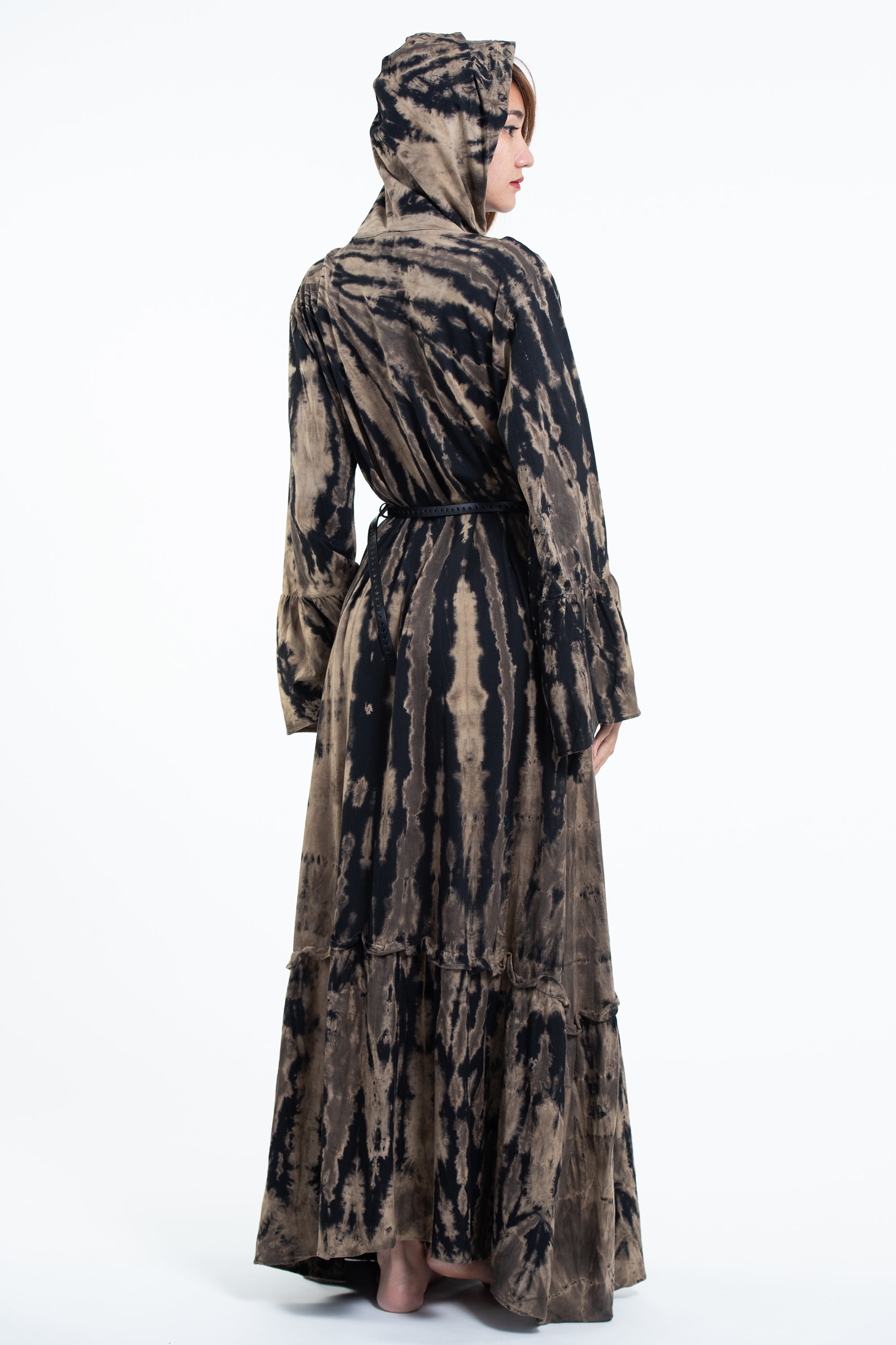 Tie Dye Hoodie Long Sleeve Maxi Dress in Black Tan