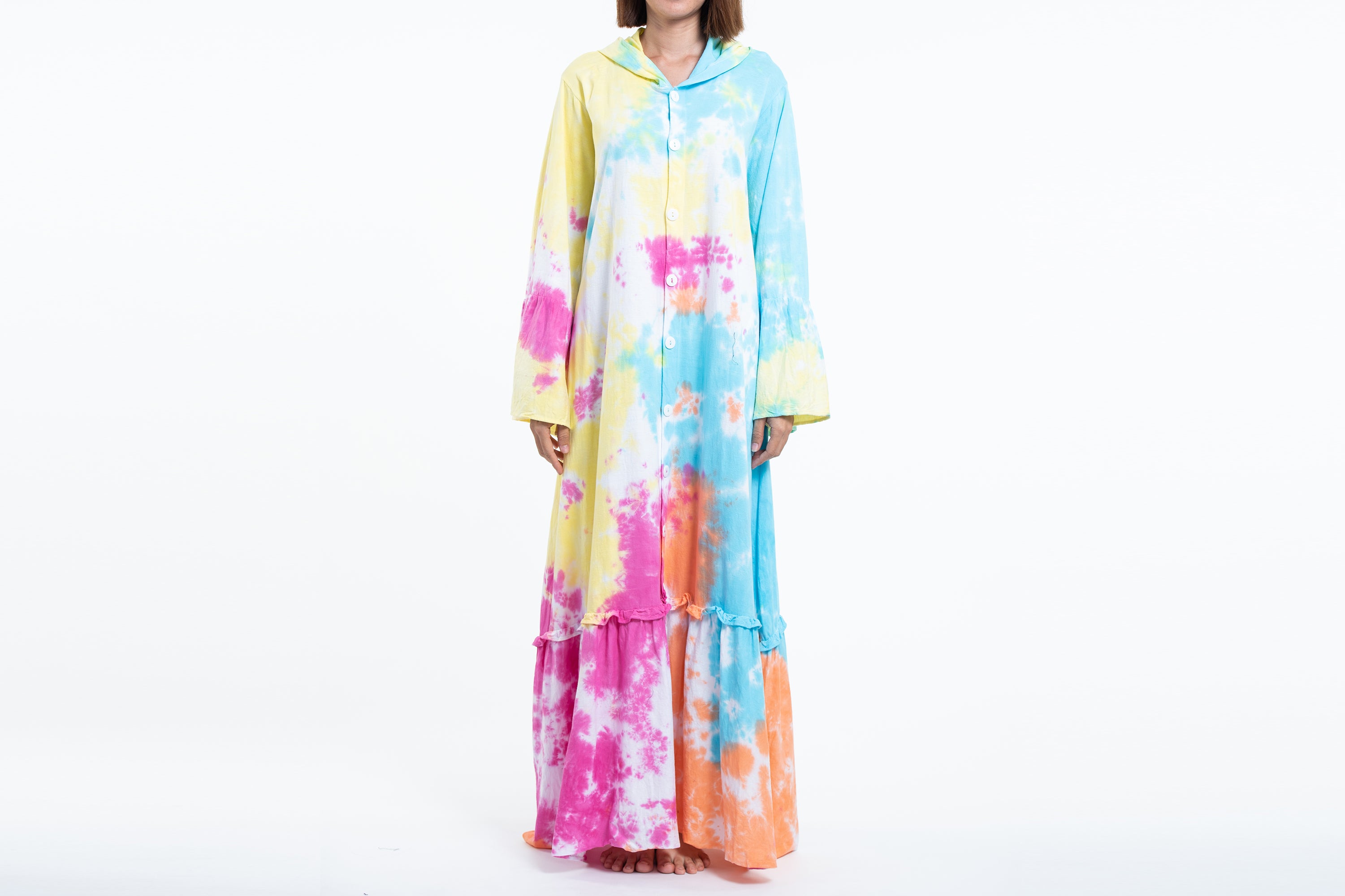 Tie Dye Hoodie Long Sleeve Maxi Dress in Cotton Candy