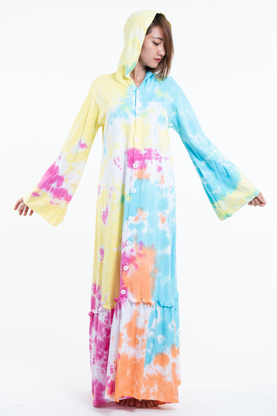 Tie Dye Hoodie Long Sleeve Maxi Dress in Cotton Candy