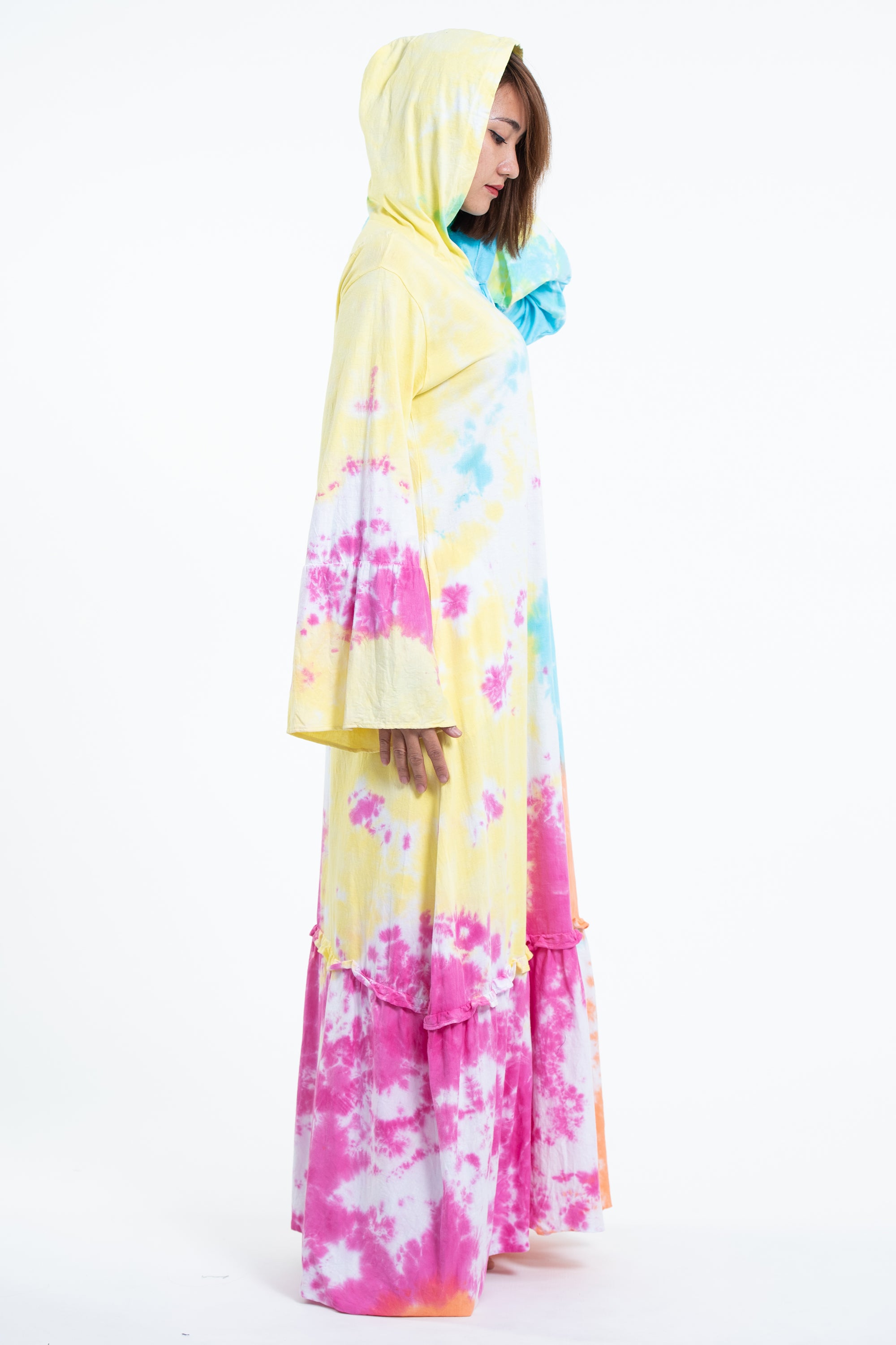 Tie Dye Hoodie Long Sleeve Maxi Dress in Cotton Candy