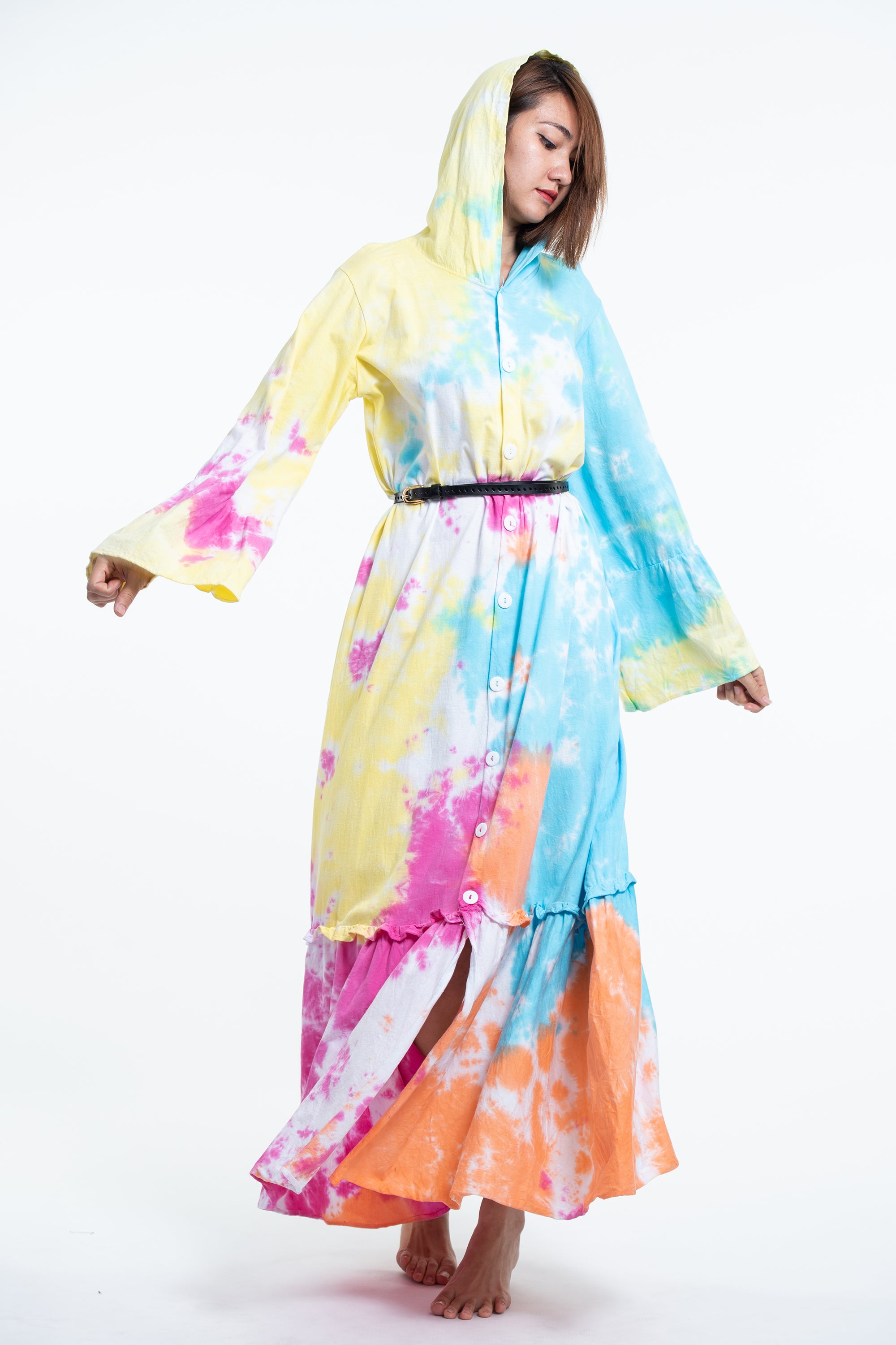 Tie Dye Hoodie Long Sleeve Maxi Dress in Cotton Candy