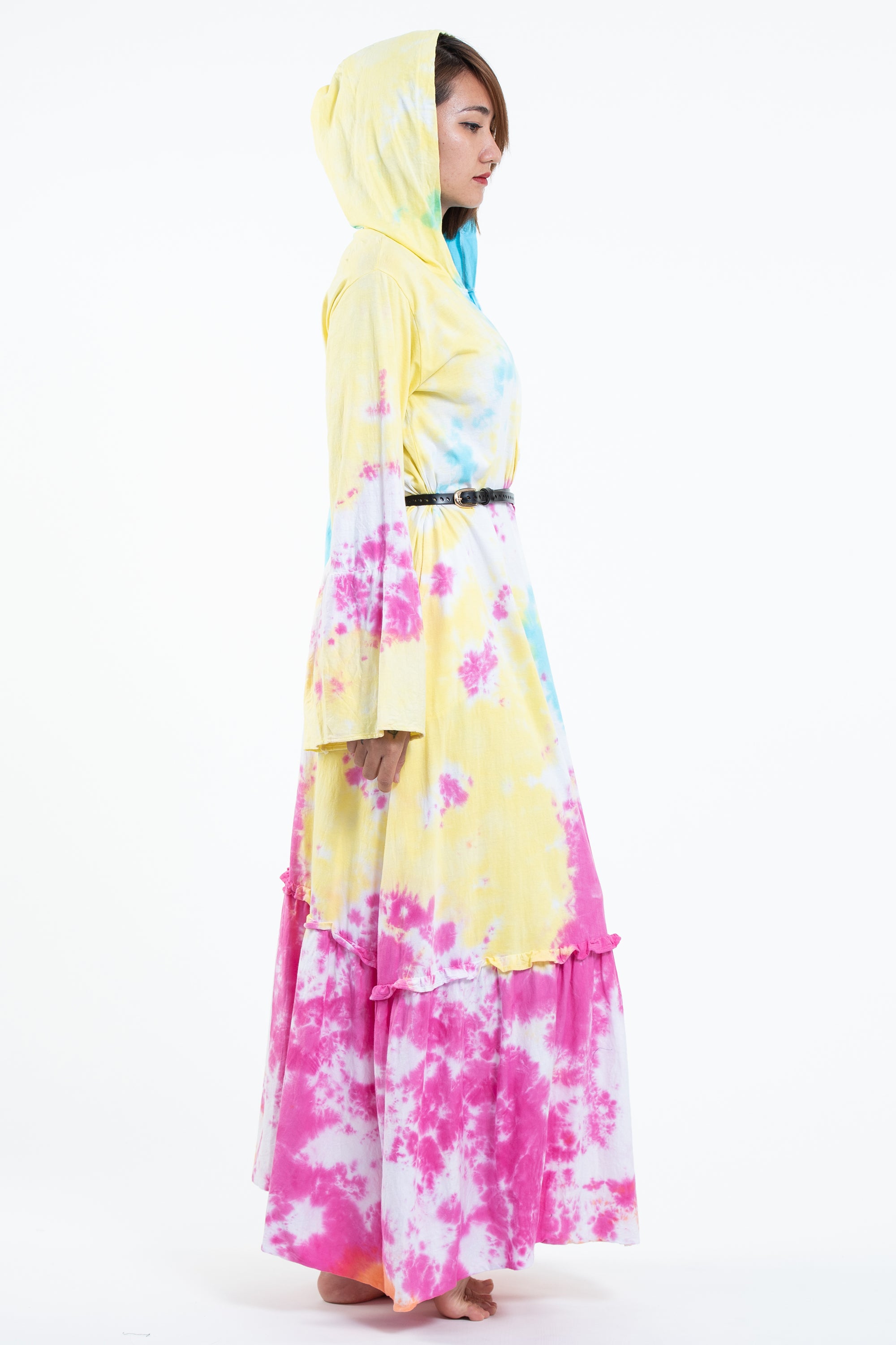 Tie Dye Hoodie Long Sleeve Maxi Dress in Cotton Candy