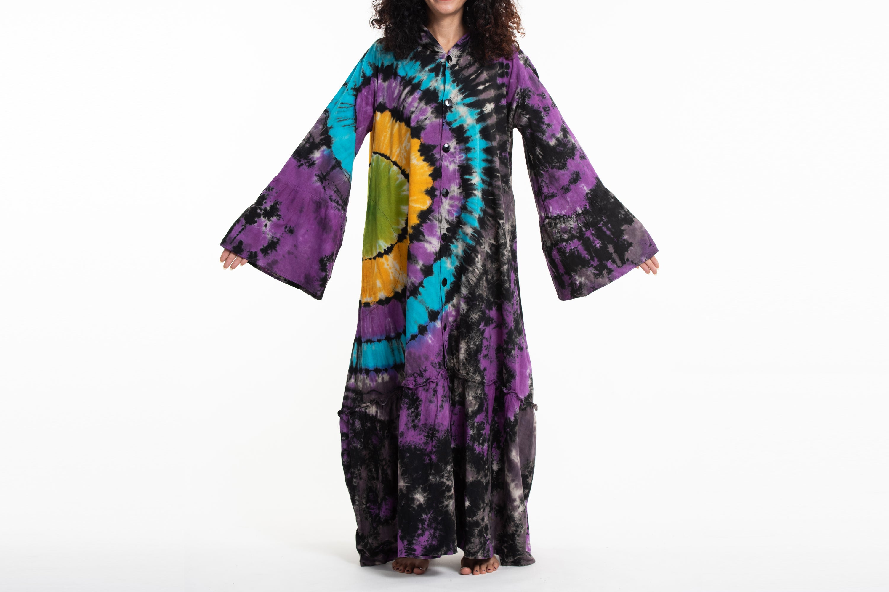 Tie Dye Hoodie Long Sleeve Maxi Dress in Purple Blue