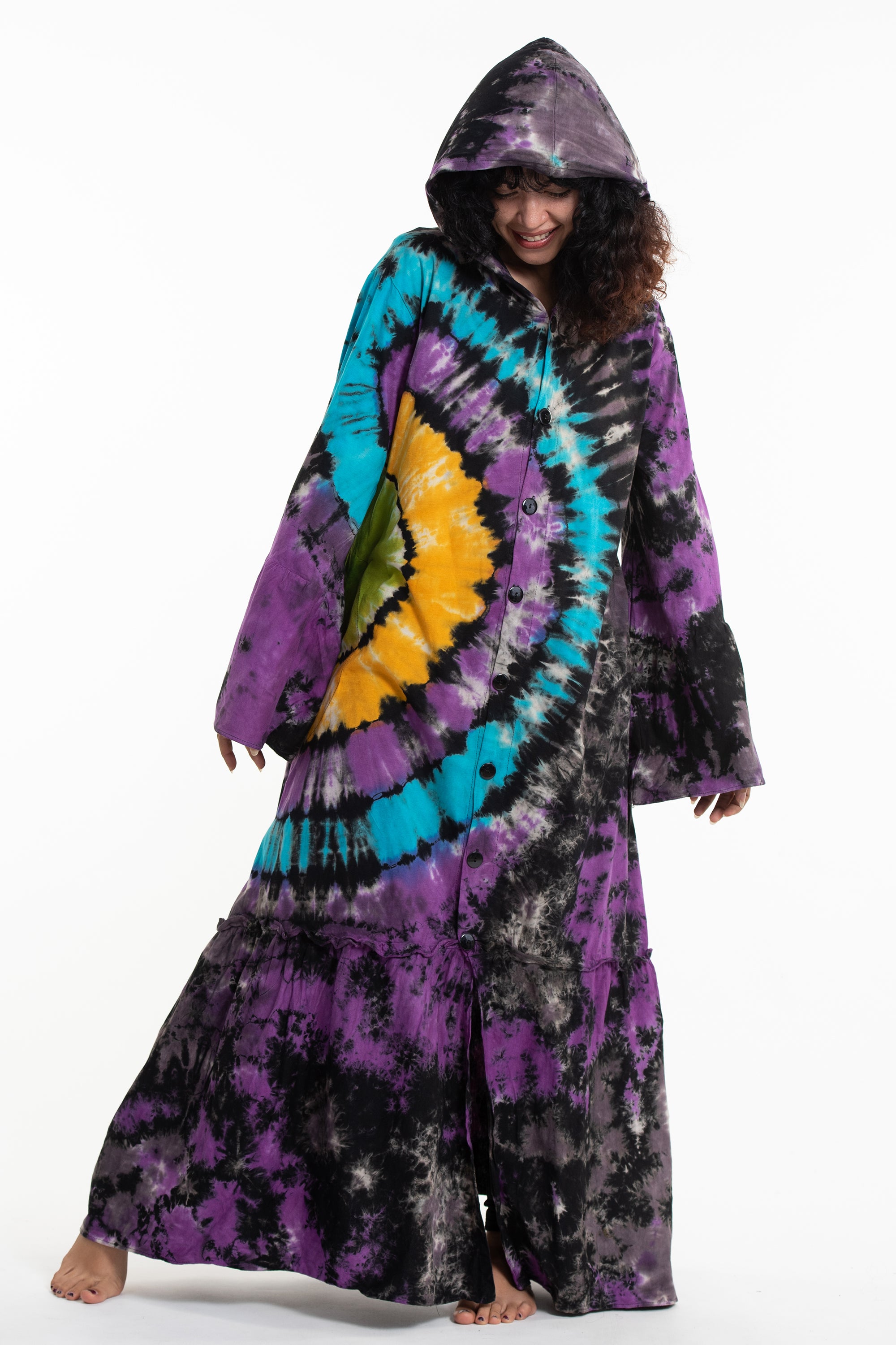 Tie Dye Hoodie Long Sleeve Maxi Dress in Purple Blue