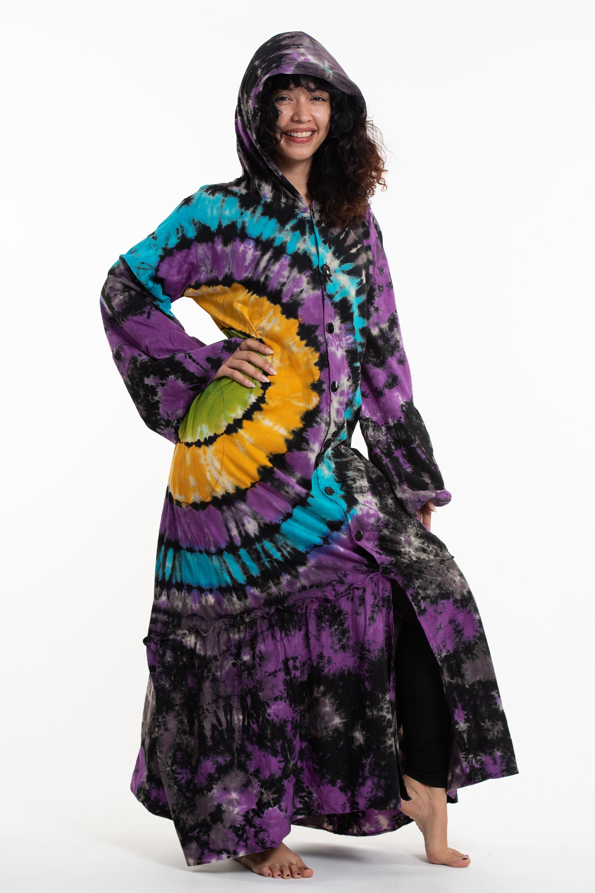 Tie Dye Hoodie Long Sleeve Maxi Dress in Purple Blue