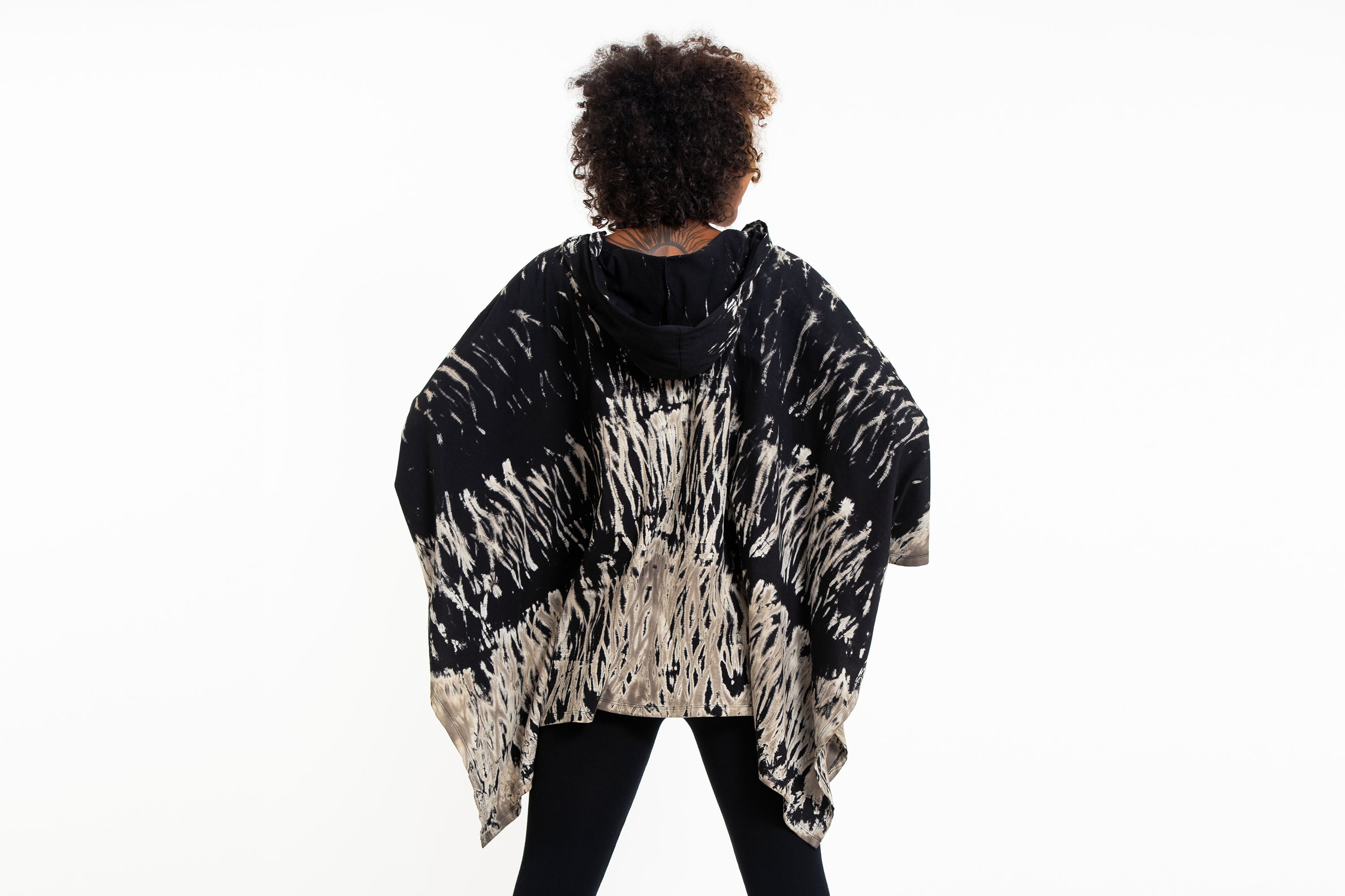 Tie Dye Cotton Hooded Poncho Jacket in Black 02