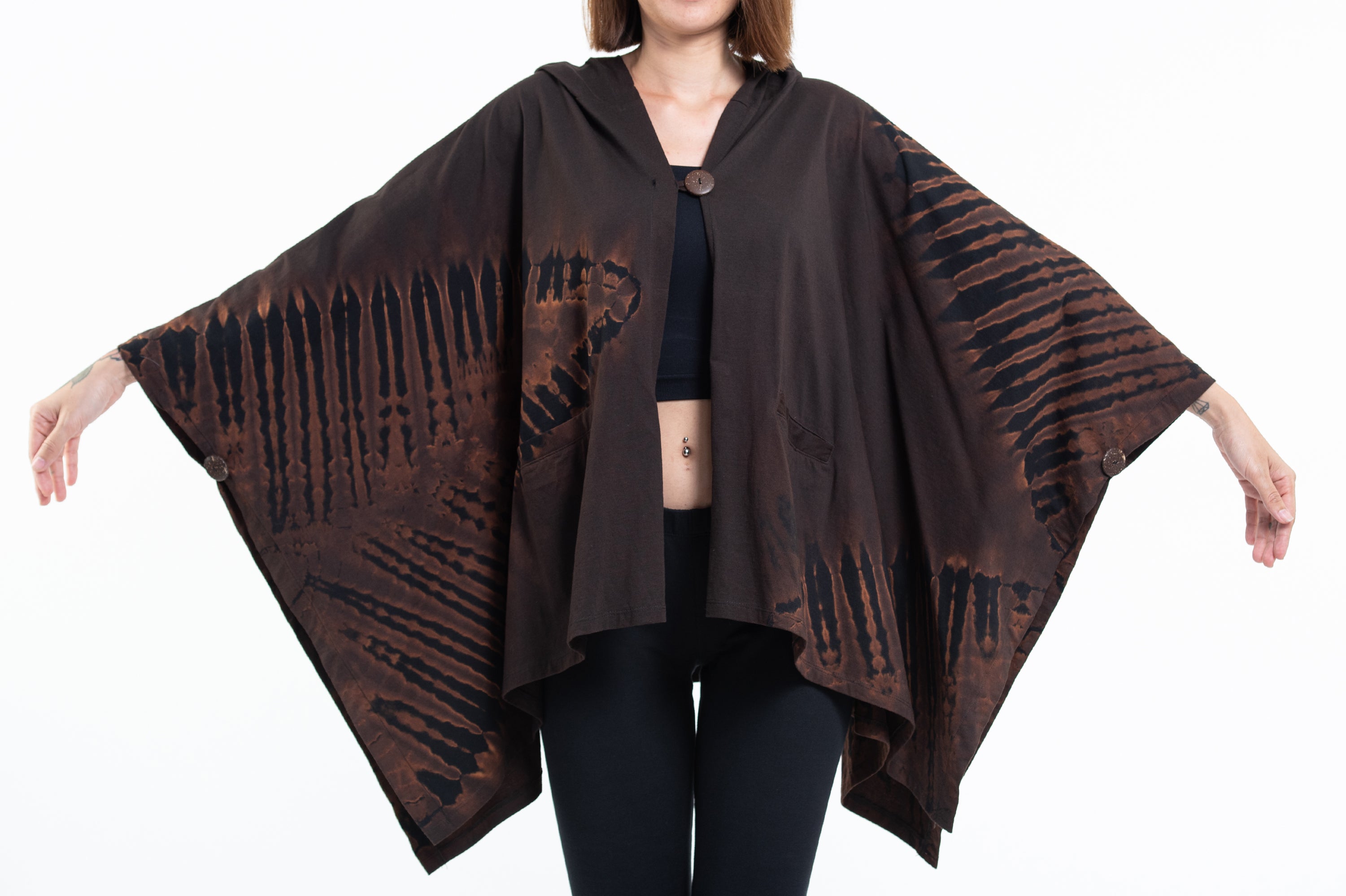 Tie Dye Cotton Hooded Poncho Jacket in Black 04