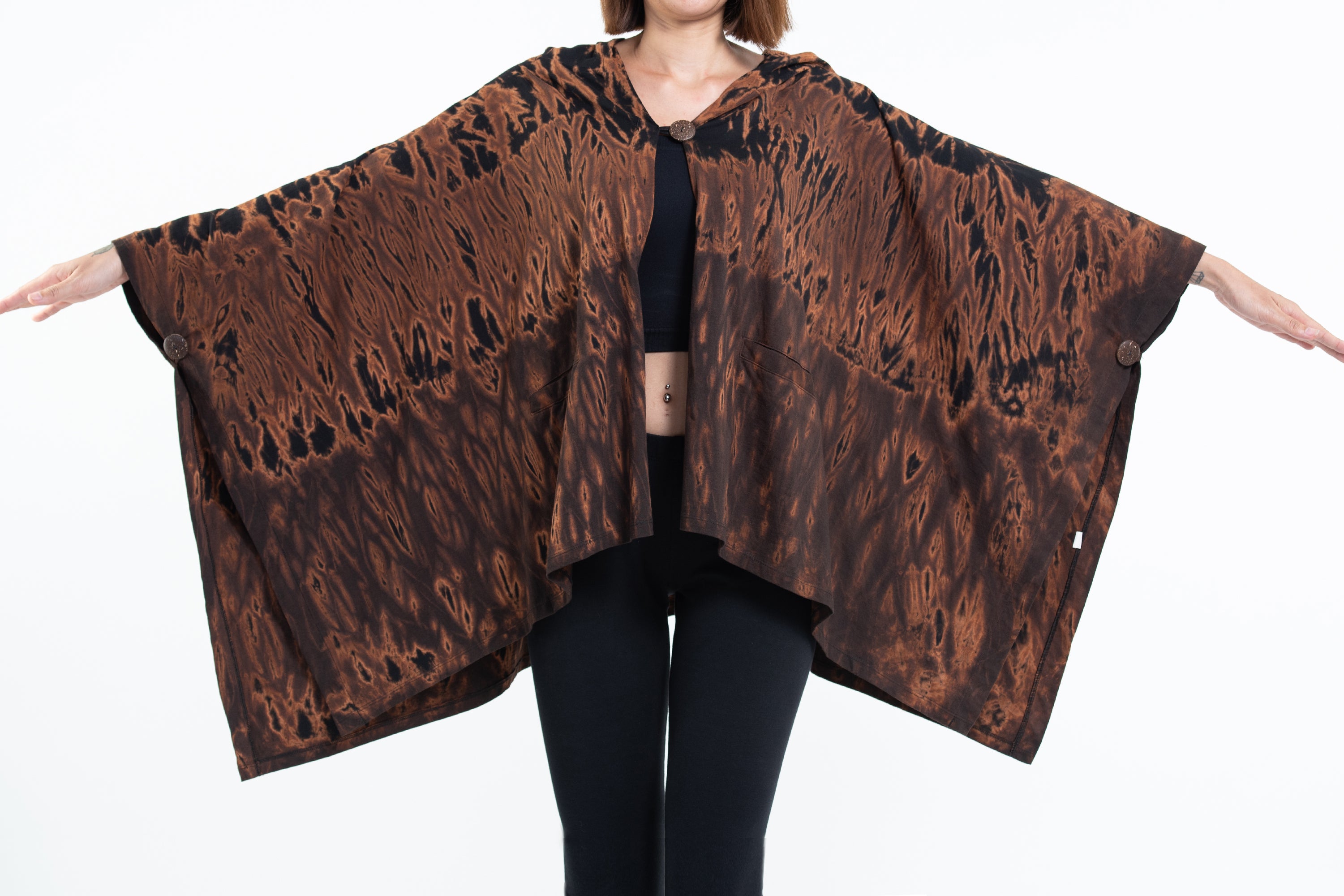 Tie Dye Cotton Hooded Poncho Jacket in Black 05