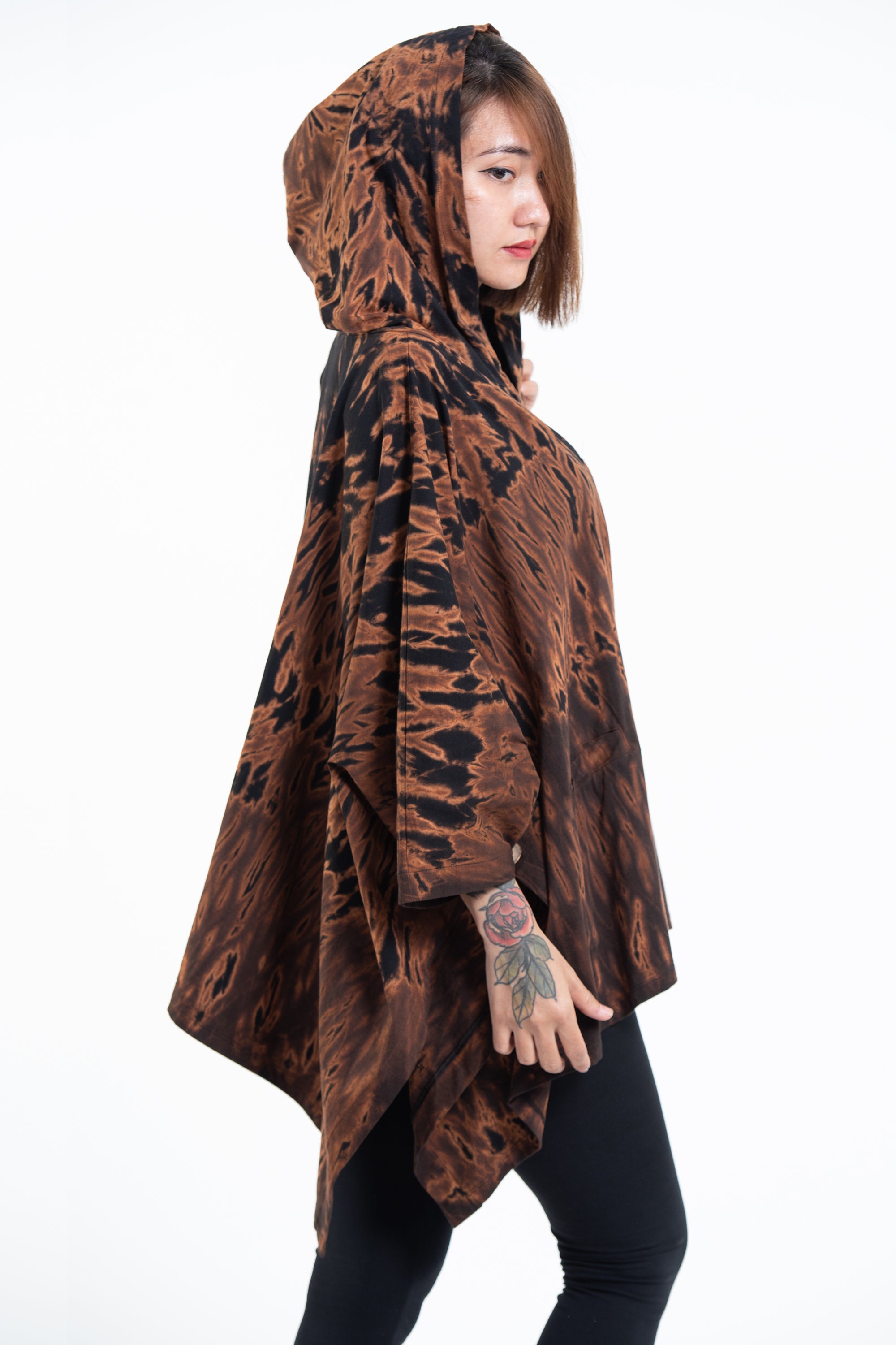 Tie Dye Cotton Hooded Poncho Jacket in Black 05