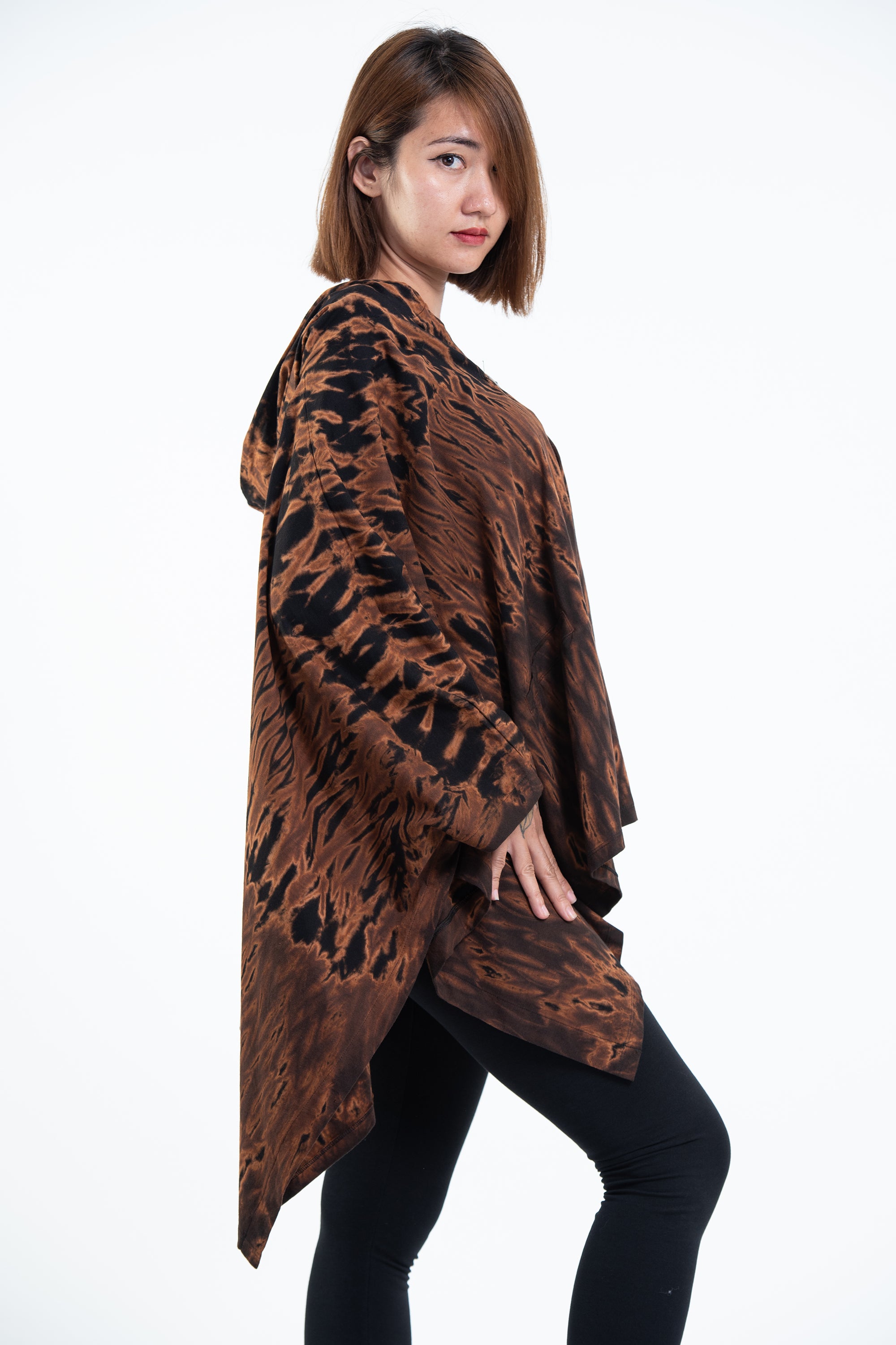 Tie Dye Cotton Hooded Poncho Jacket in Black 05