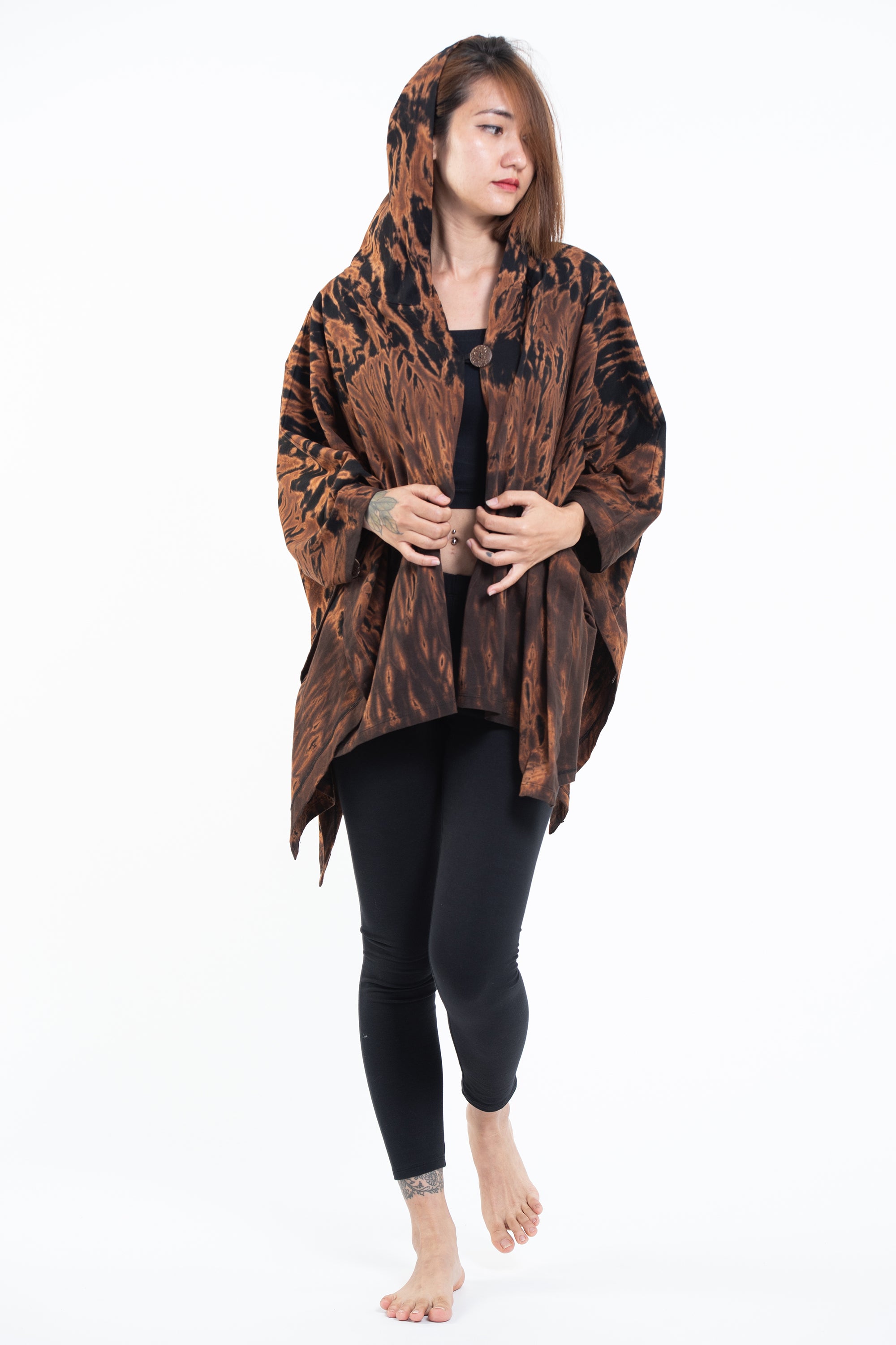 Tie Dye Cotton Hooded Poncho Jacket in Black 05