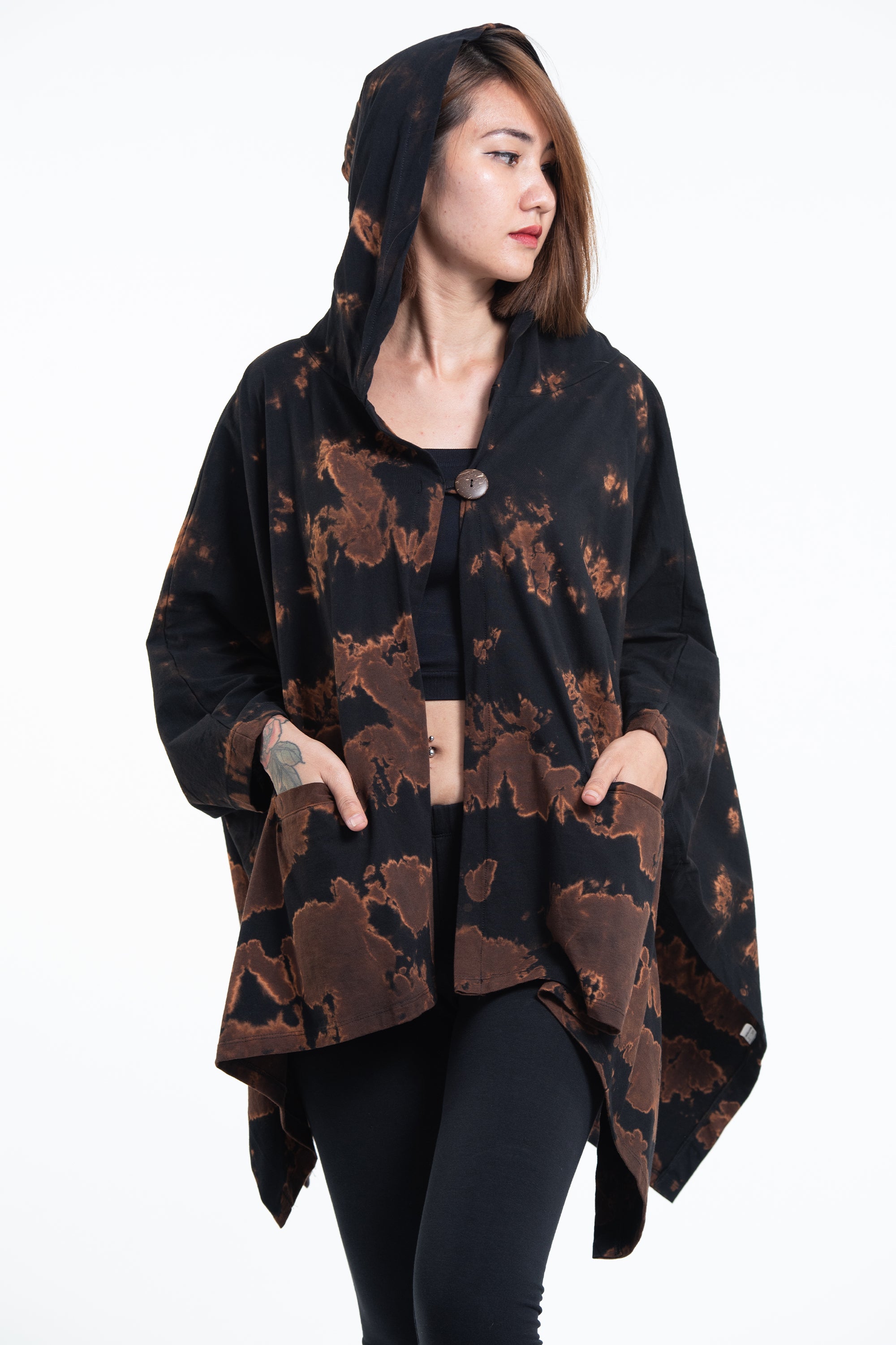 Tie Dye Cotton Hooded Poncho Jacket in Black 06