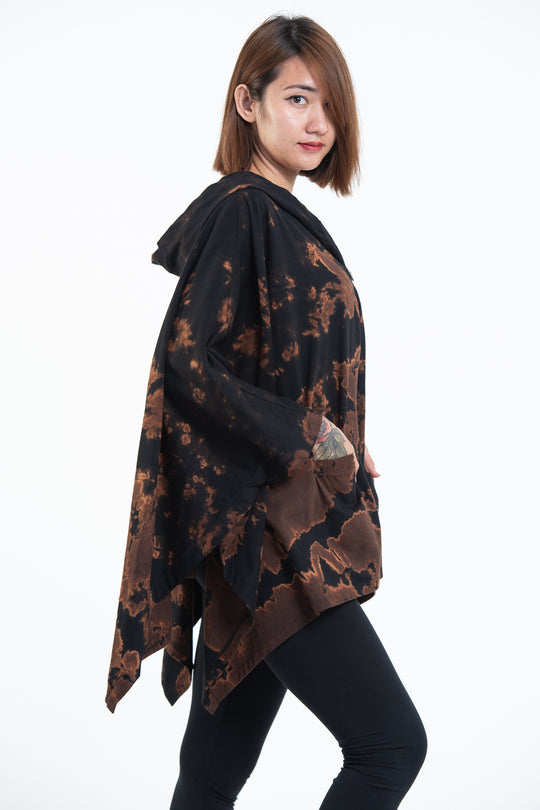 Tie Dye Cotton Hooded Poncho Jacket in Black 06