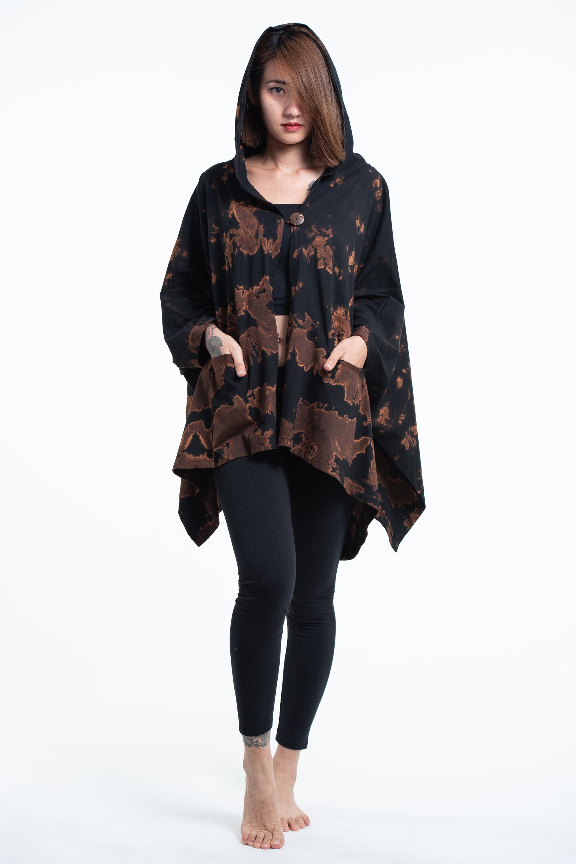 Tie Dye Cotton Hooded Poncho Jacket in Black 06