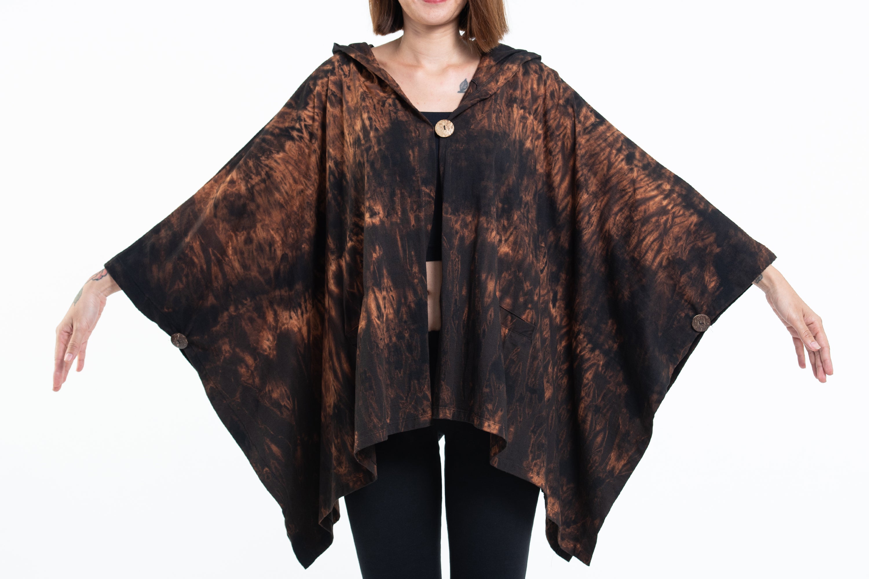 Tie Dye Cotton Hooded Poncho Jacket in Black 05