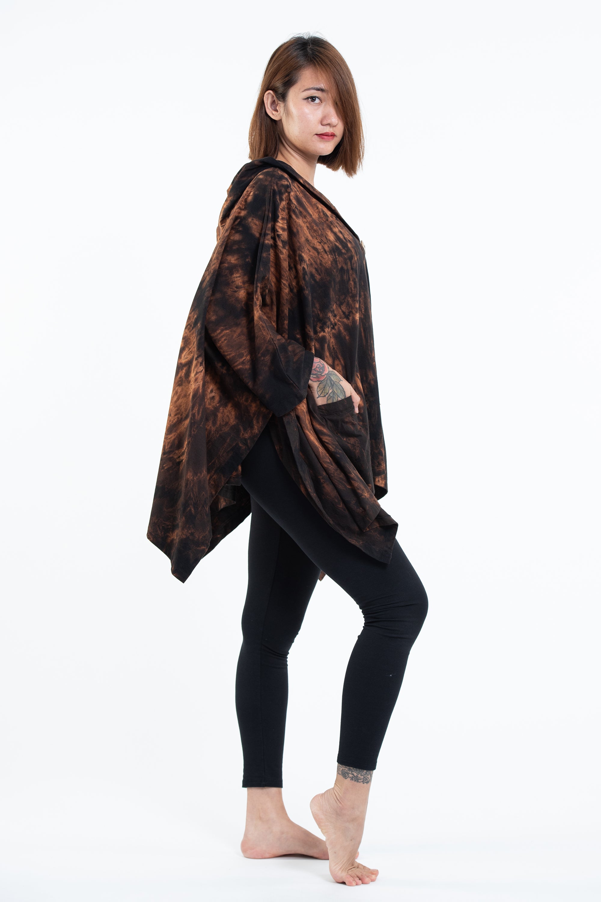 Tie Dye Cotton Hooded Poncho Jacket in Black 05