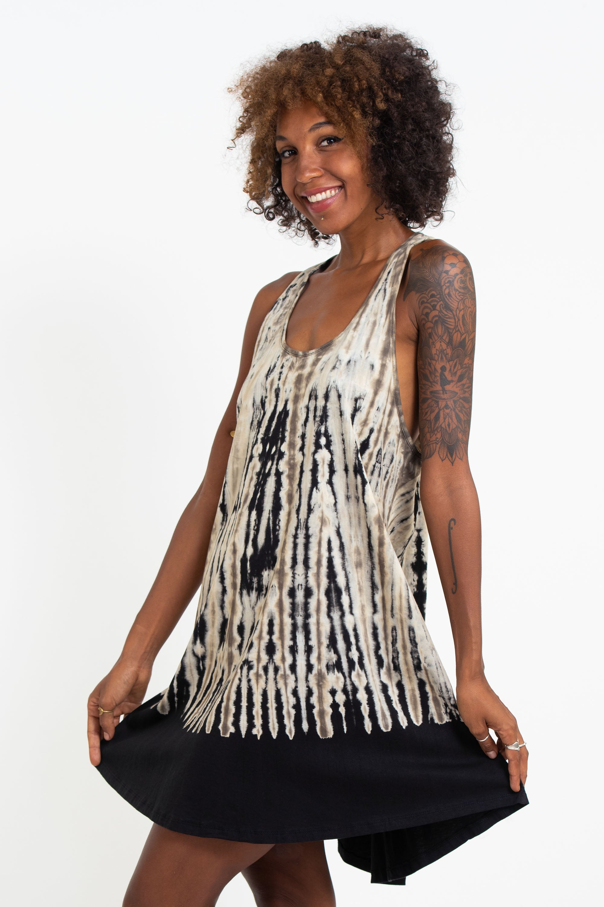 Tie Dye Cotton Tank Dress in Black 03
