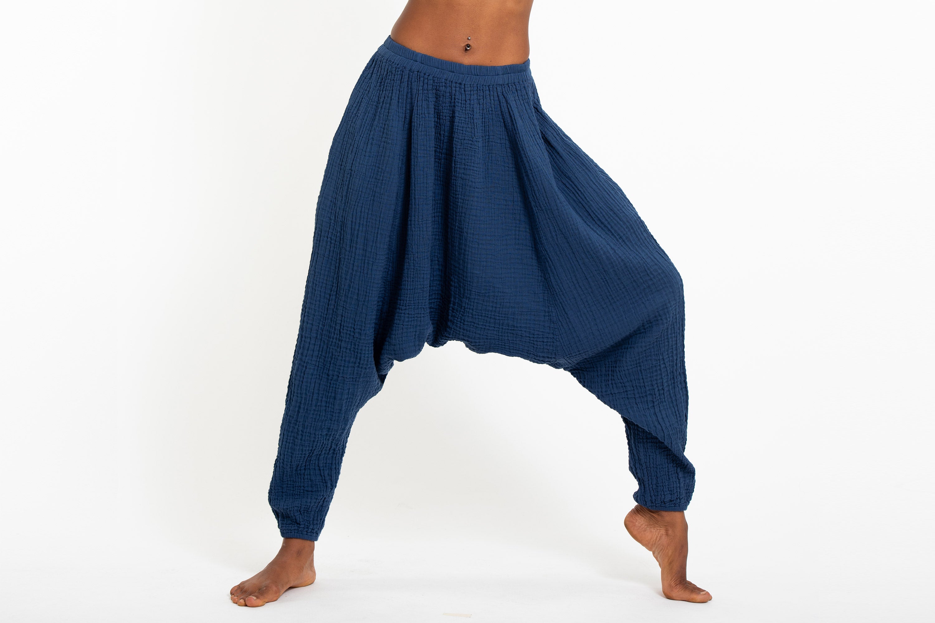 Women's Crinkled Hill Tribe Cotton Harem Pants in Blue