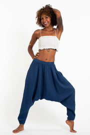 Women's Crinkled Hill Tribe Cotton Harem Pants in Blue