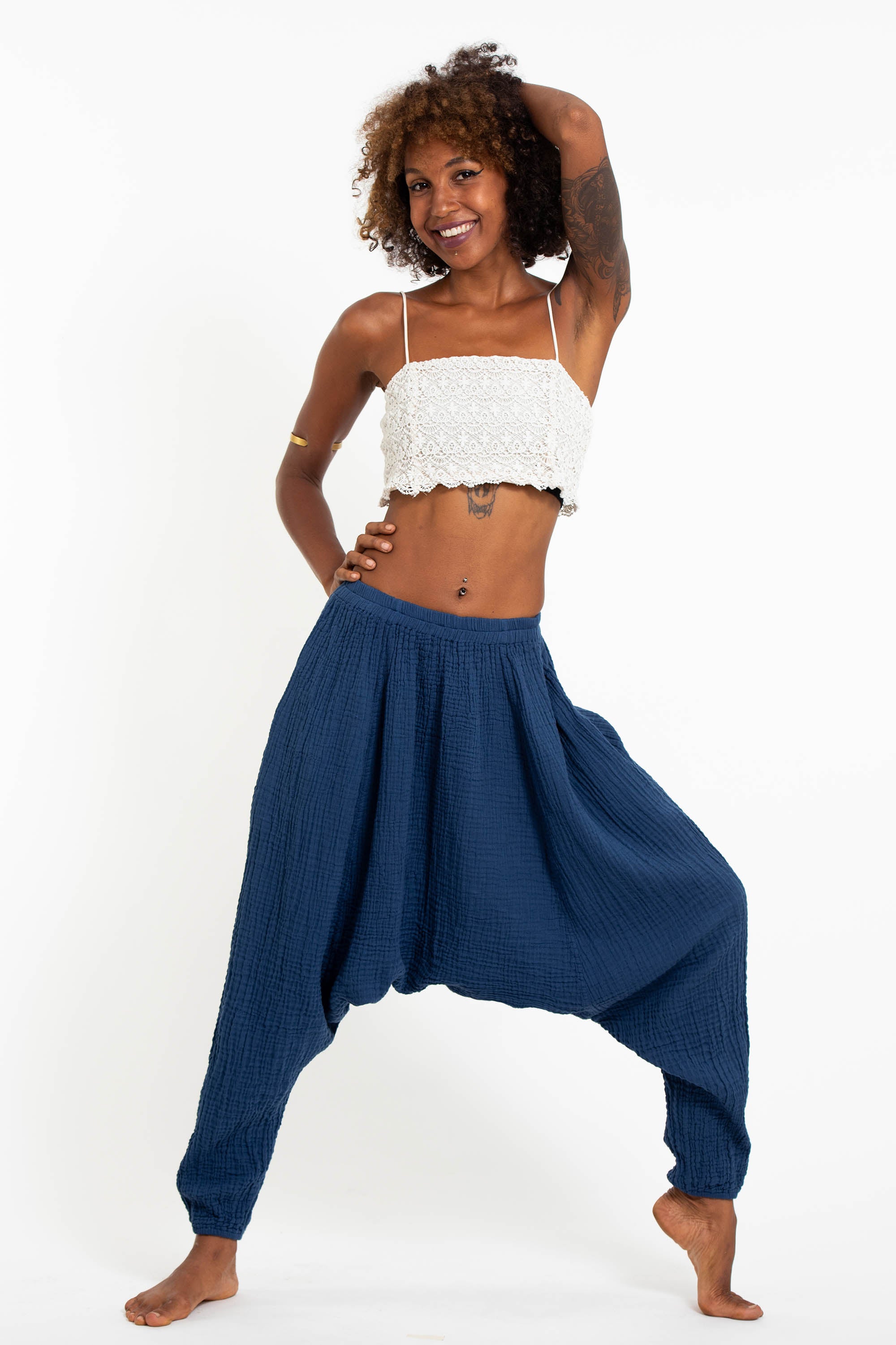Women's Crinkled Hill Tribe Cotton Harem Pants in Blue