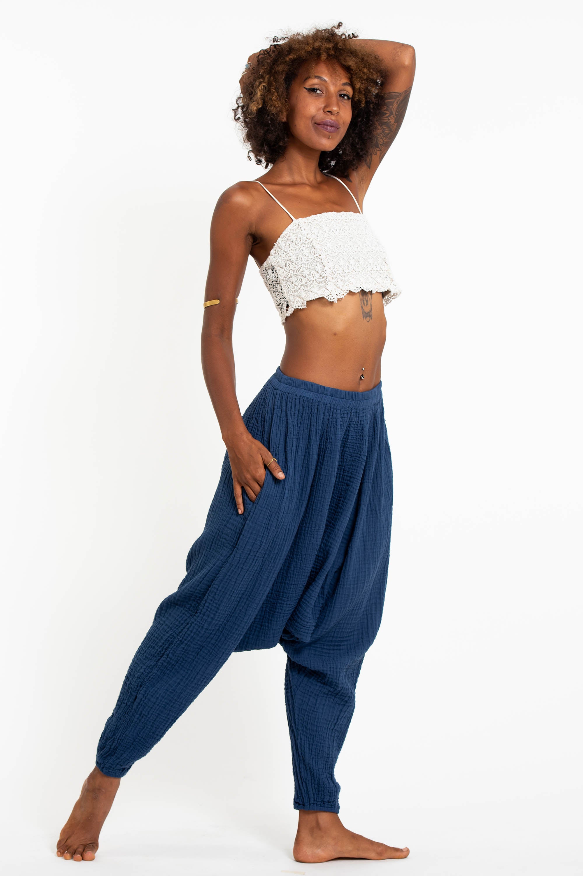 Women's Crinkled Hill Tribe Cotton Harem Pants in Blue