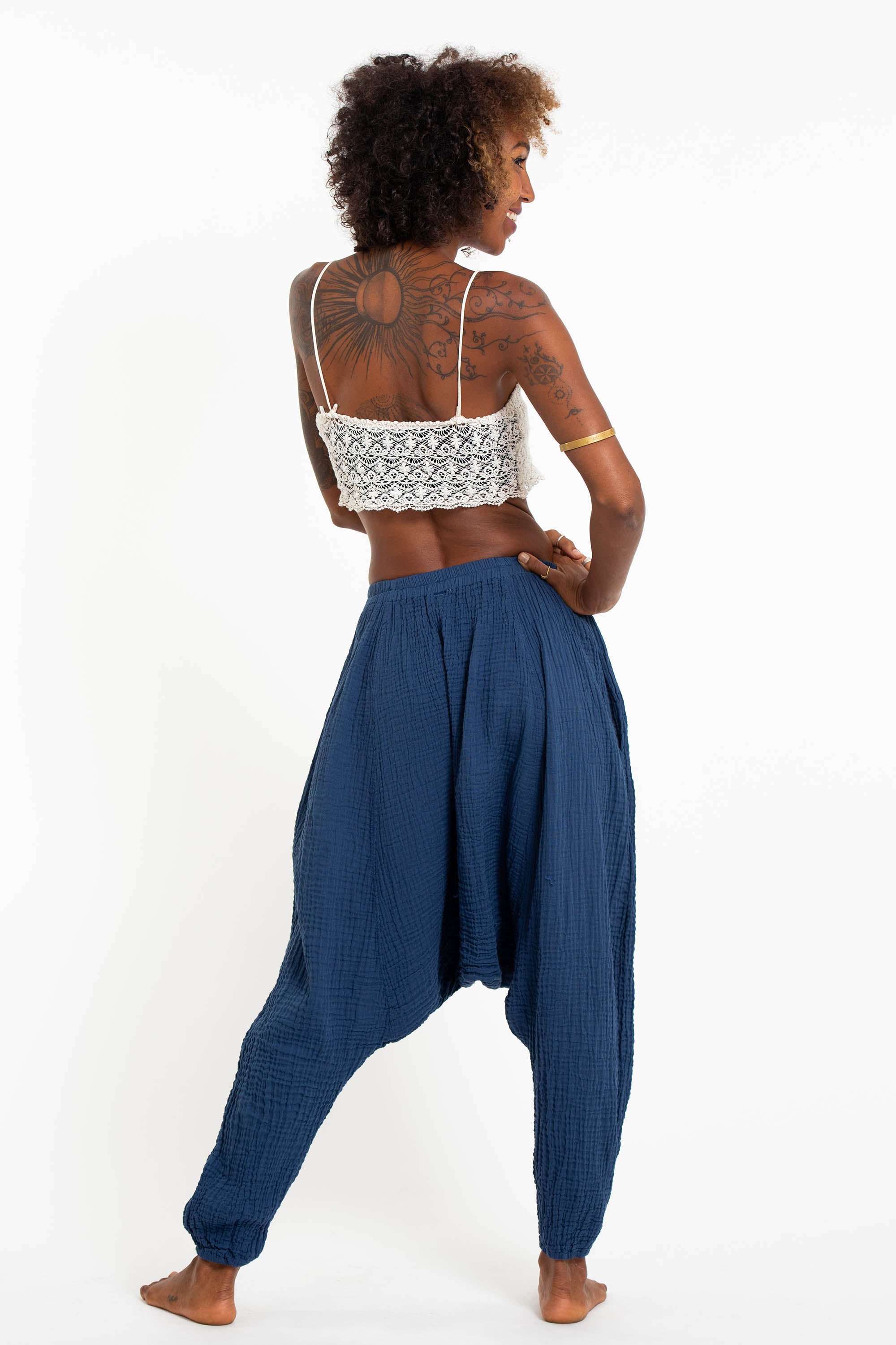 Women's Crinkled Hill Tribe Cotton Harem Pants in Blue