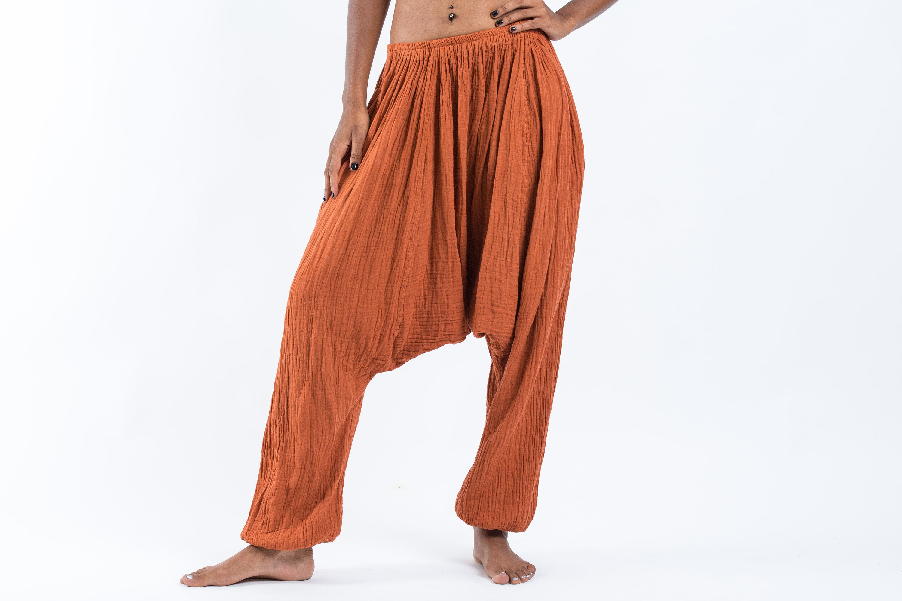 Women's Crinkled Hill Tribe Cotton Harem Pants in Brick