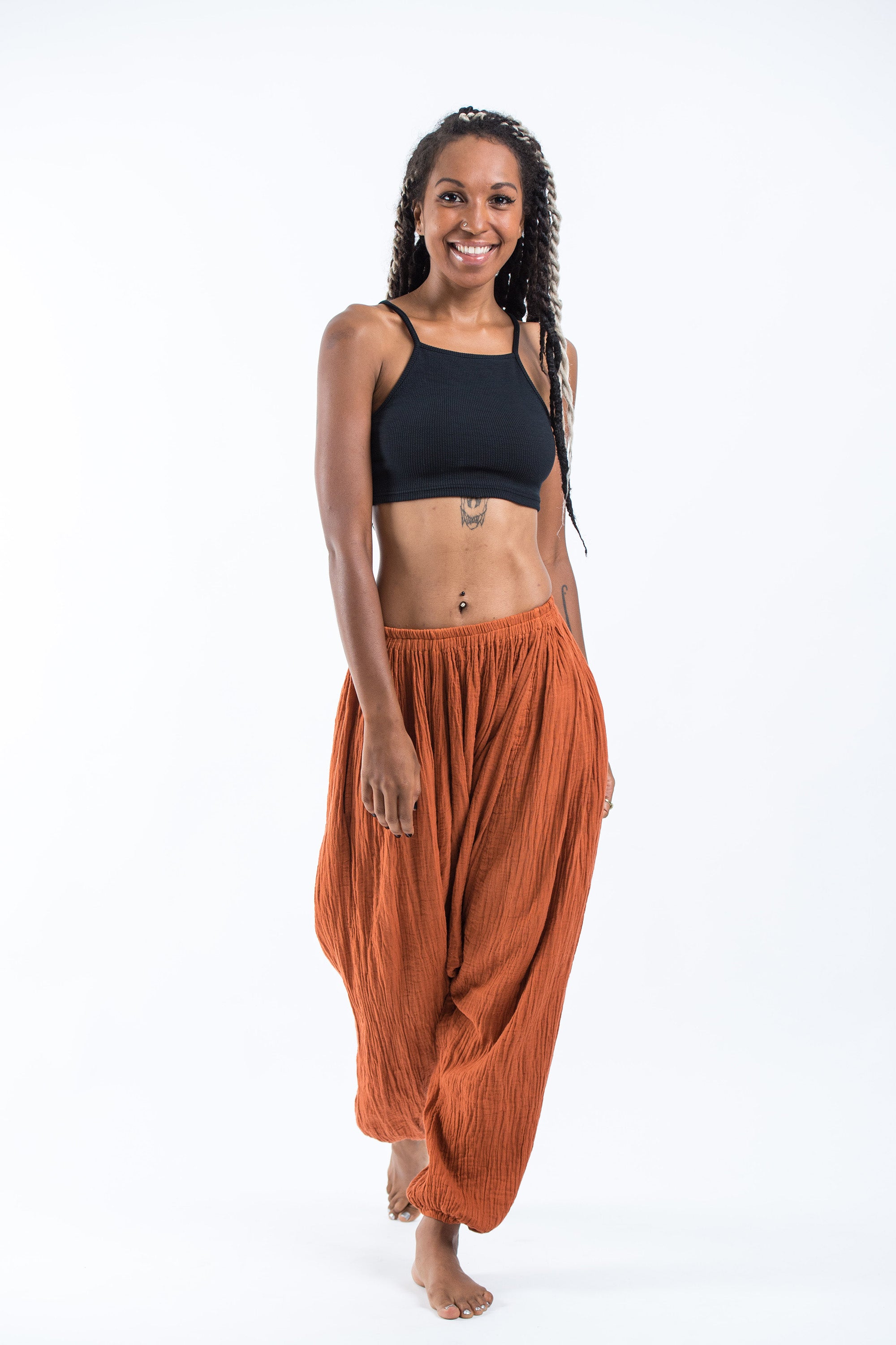 Women's Crinkled Hill Tribe Cotton Harem Pants in Brick