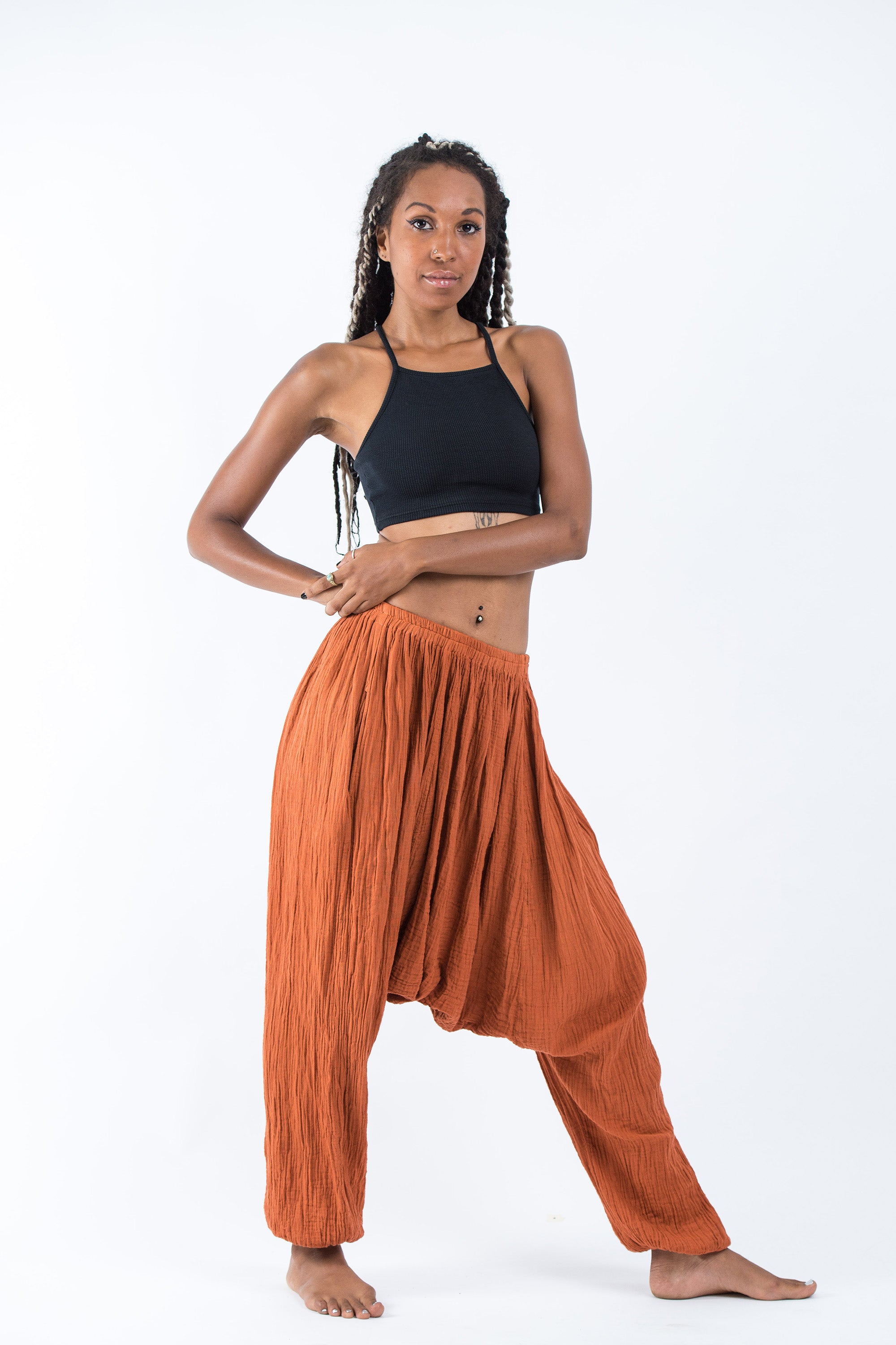 Women's Crinkled Hill Tribe Cotton Harem Pants in Brick