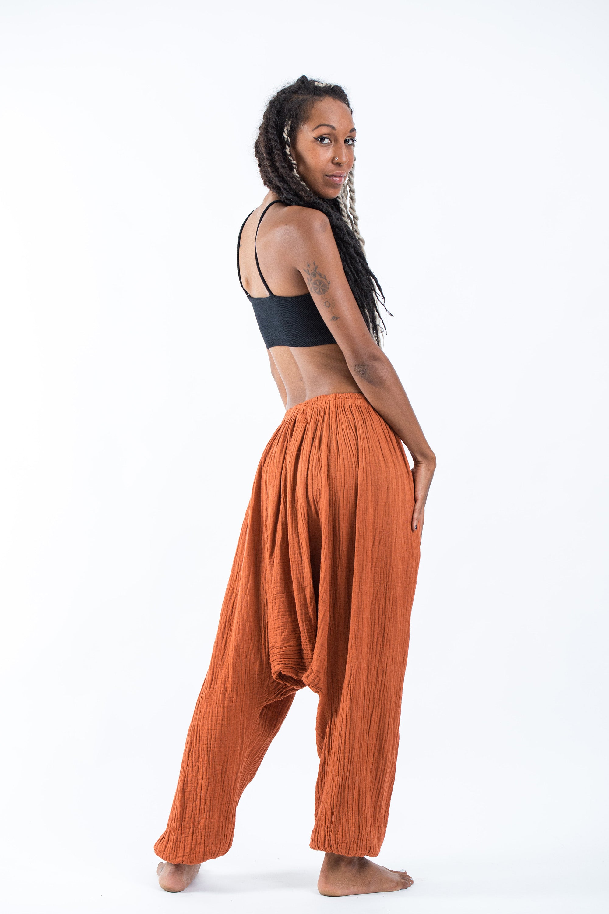 Women's Crinkled Hill Tribe Cotton Harem Pants in Brick