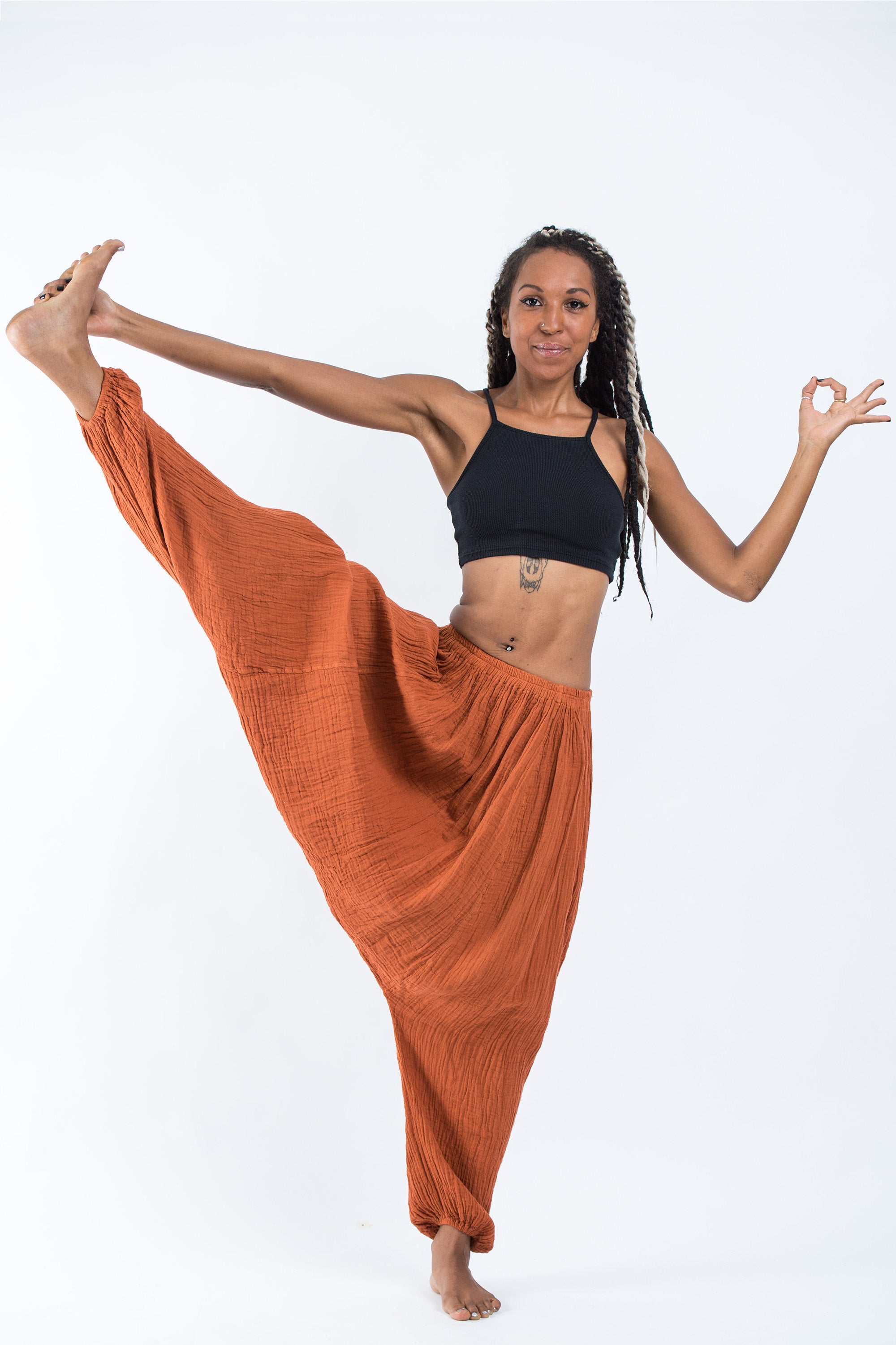 Women's Crinkled Hill Tribe Cotton Harem Pants in Brick