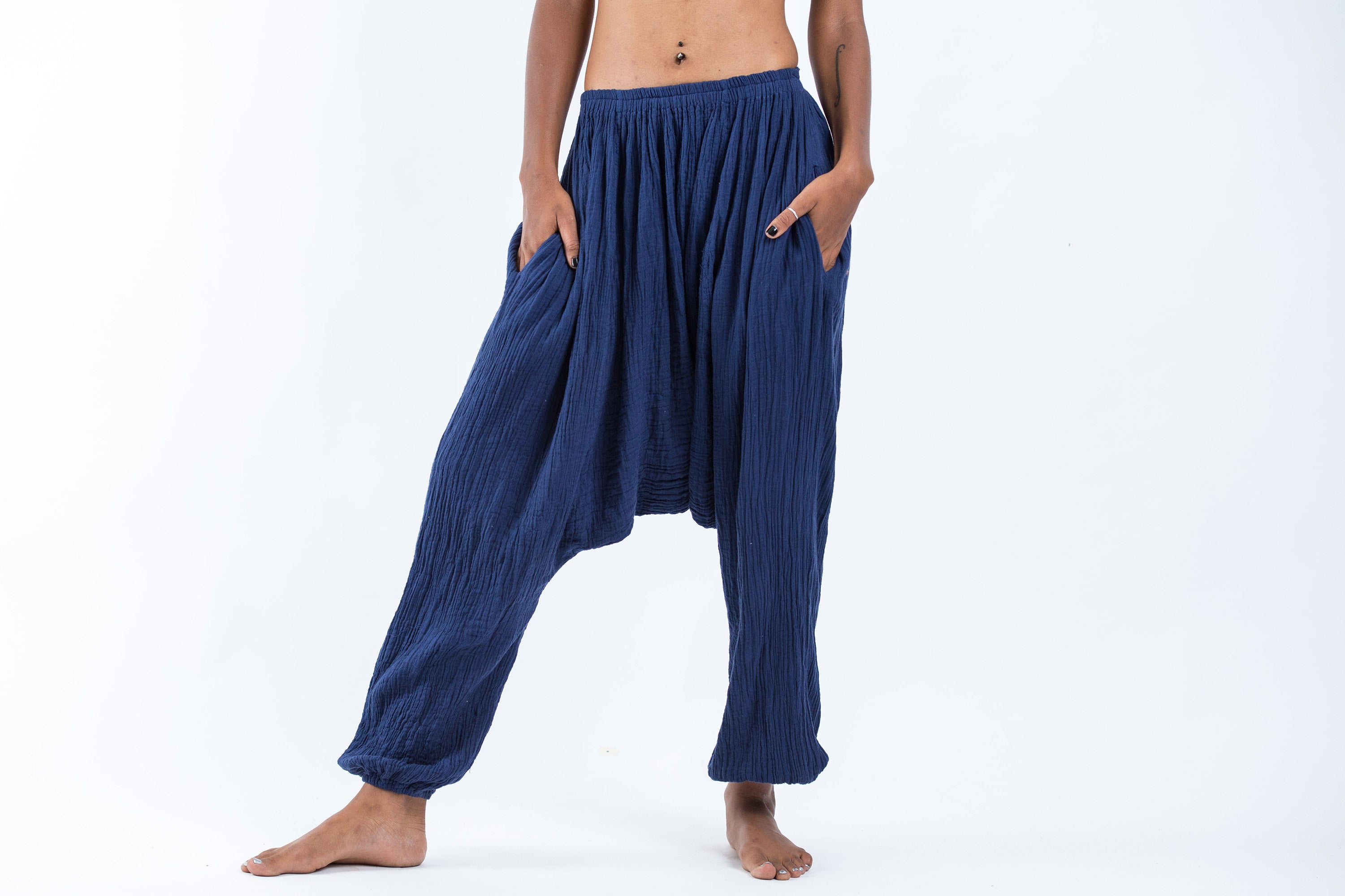 Women's Crinkled Hill Tribe Cotton Harem Pants in Navy