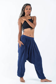Women's Crinkled Hill Tribe Cotton Harem Pants in Navy