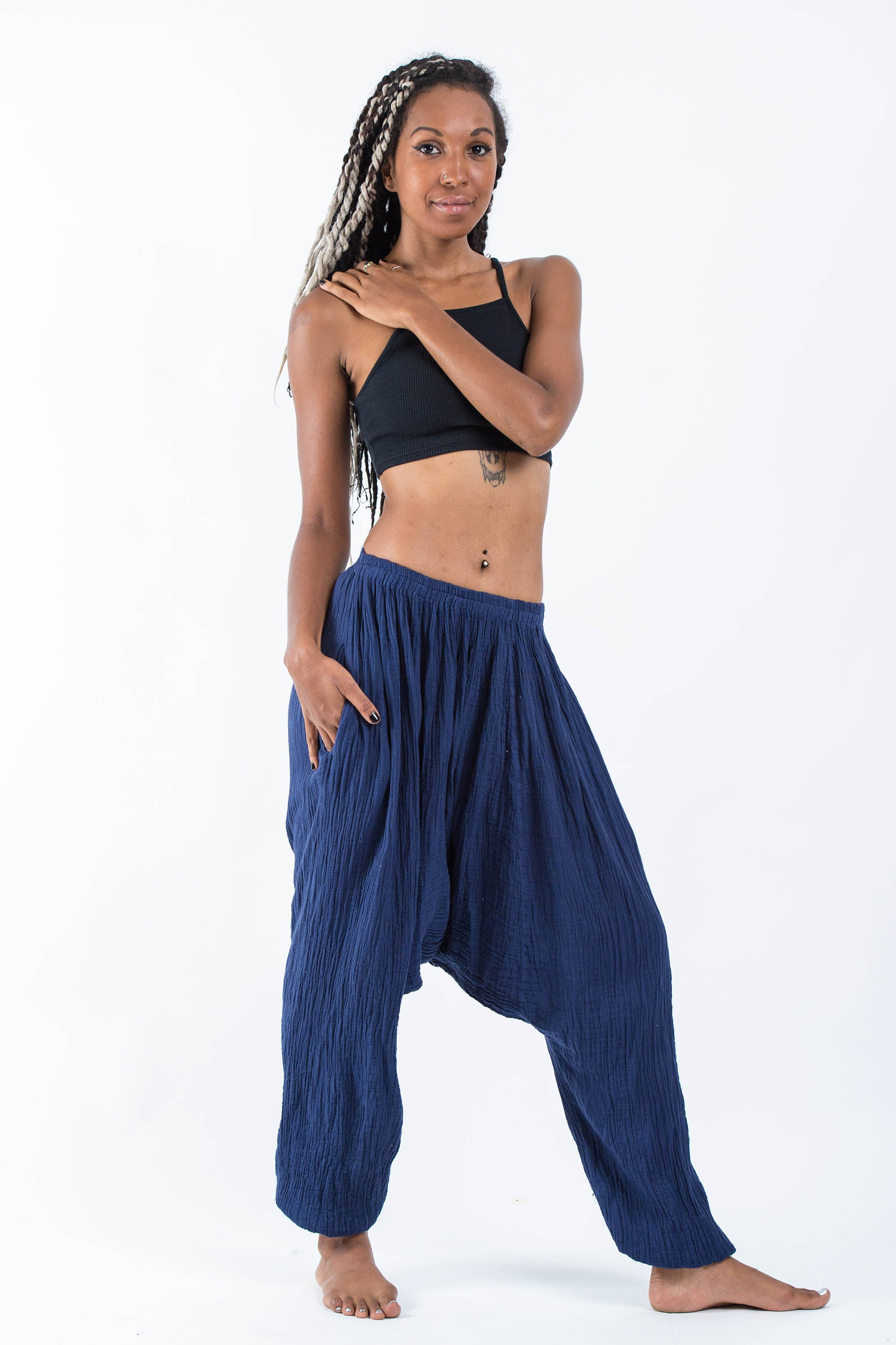 Women's Crinkled Hill Tribe Cotton Harem Pants in Navy
