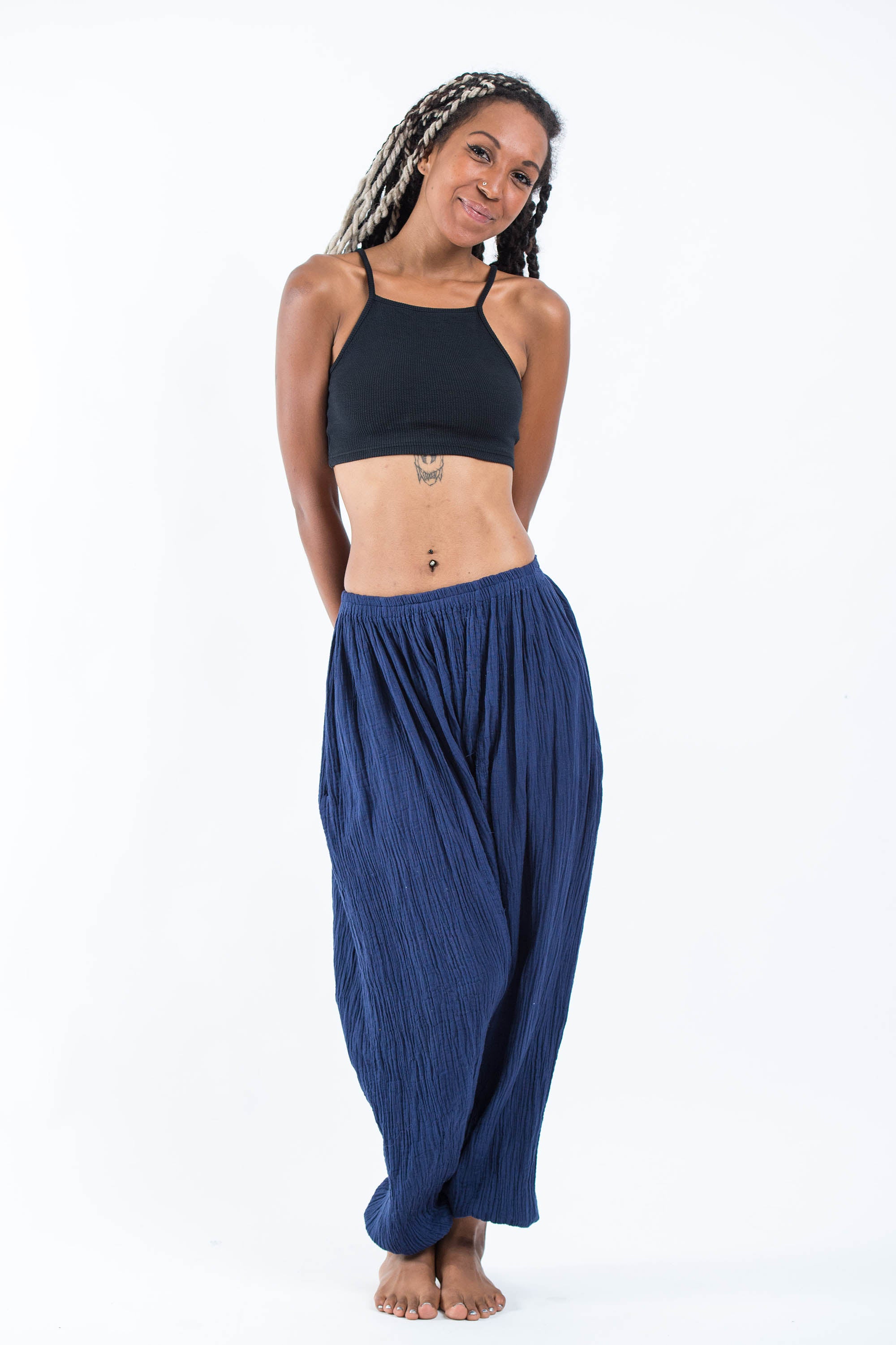Women's Crinkled Hill Tribe Cotton Harem Pants in Navy