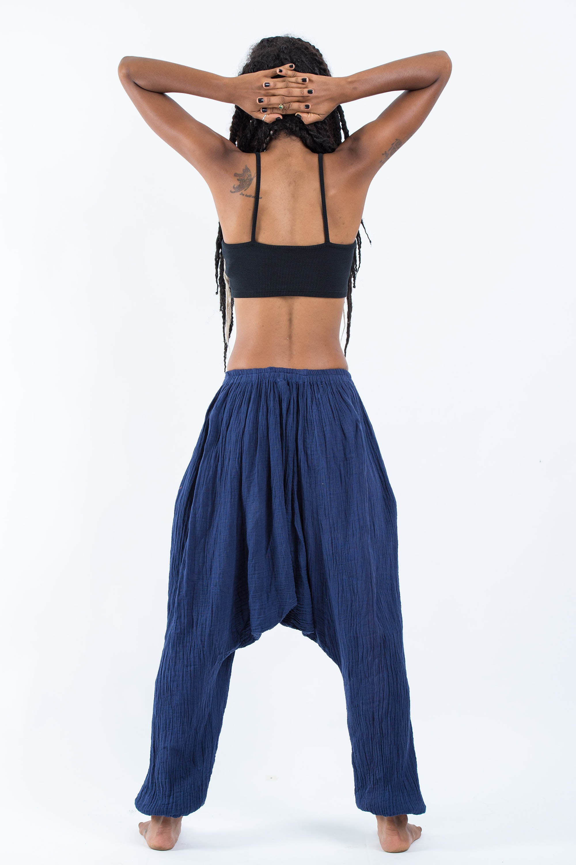 Women's Crinkled Hill Tribe Cotton Harem Pants in Navy