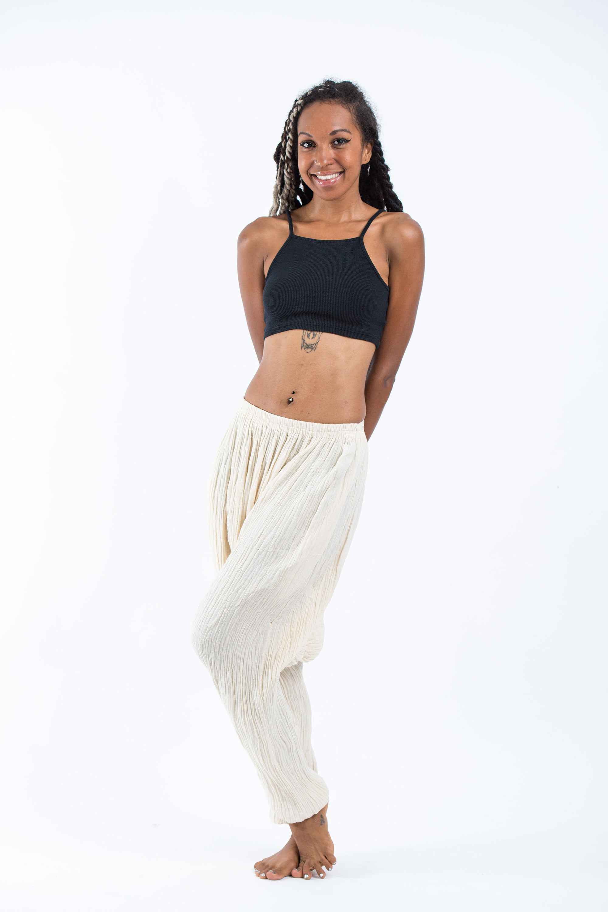 Women's Crinkled Hill Tribe Cotton Harem Pants in Off White