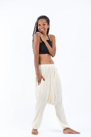 Women's Crinkled Hill Tribe Cotton Harem Pants in Off White