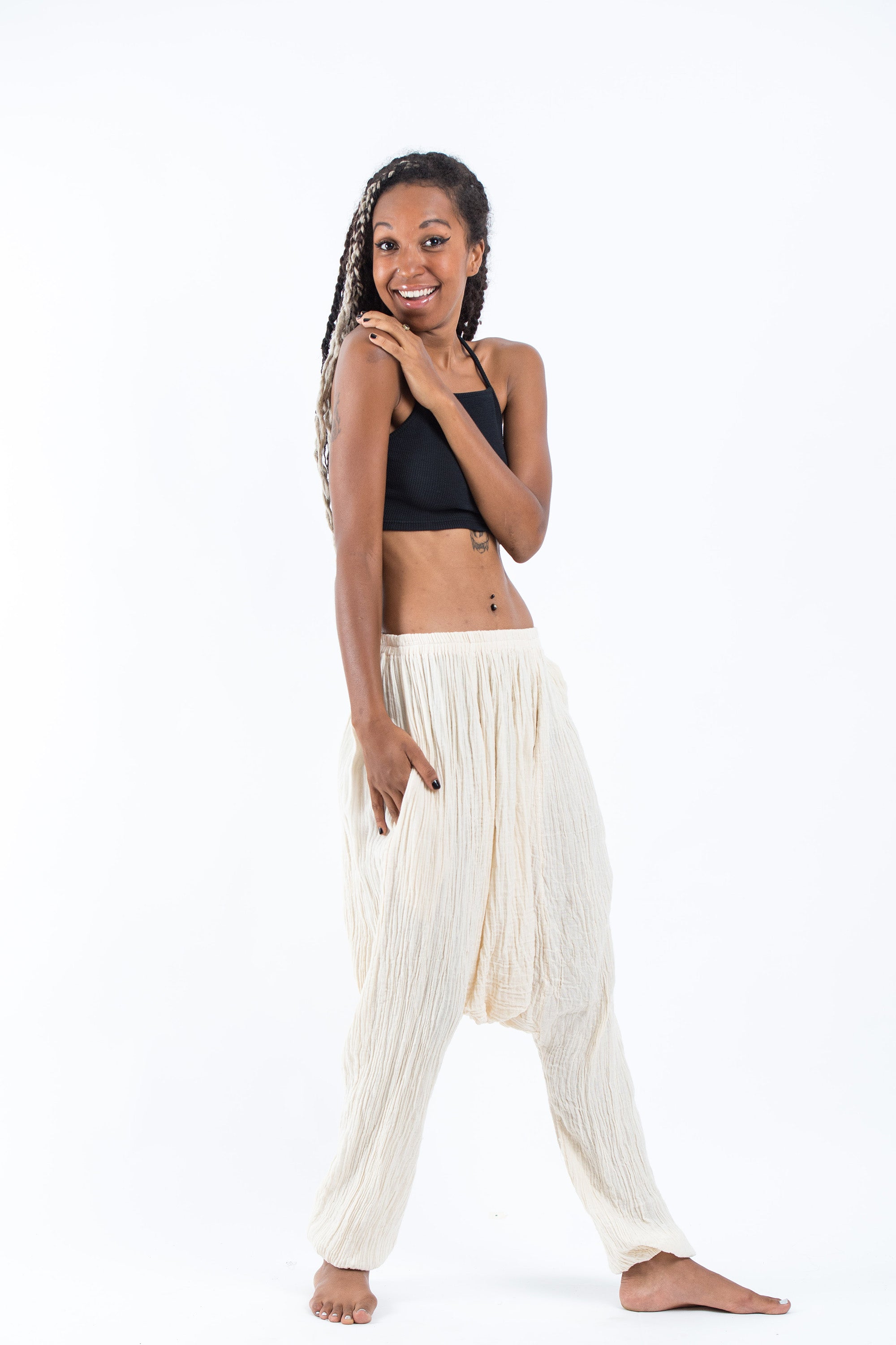 Women's Crinkled Hill Tribe Cotton Harem Pants in Off White