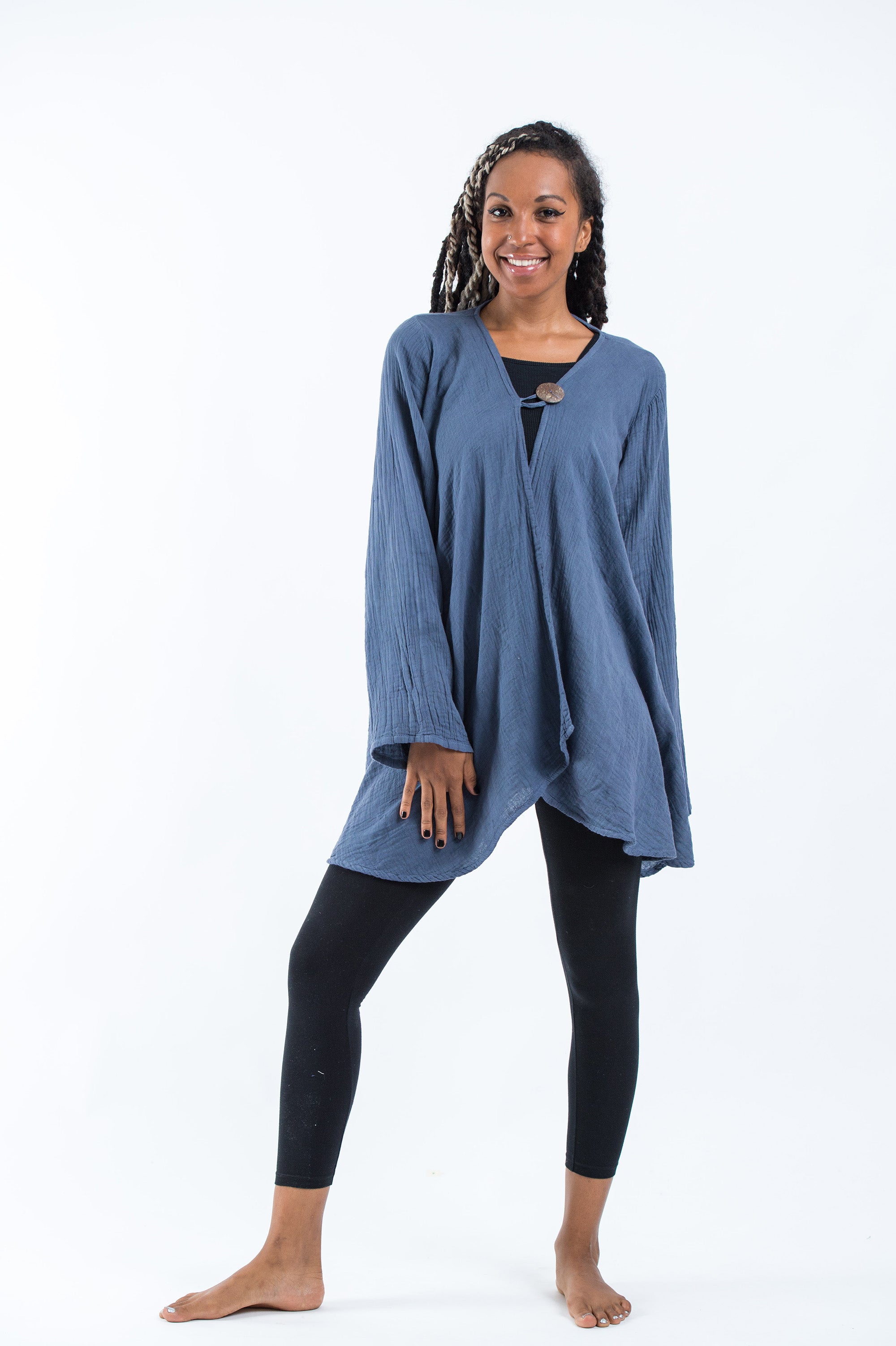 Women's Crinkled Hill Tribe Cotton Cardigan in Blue